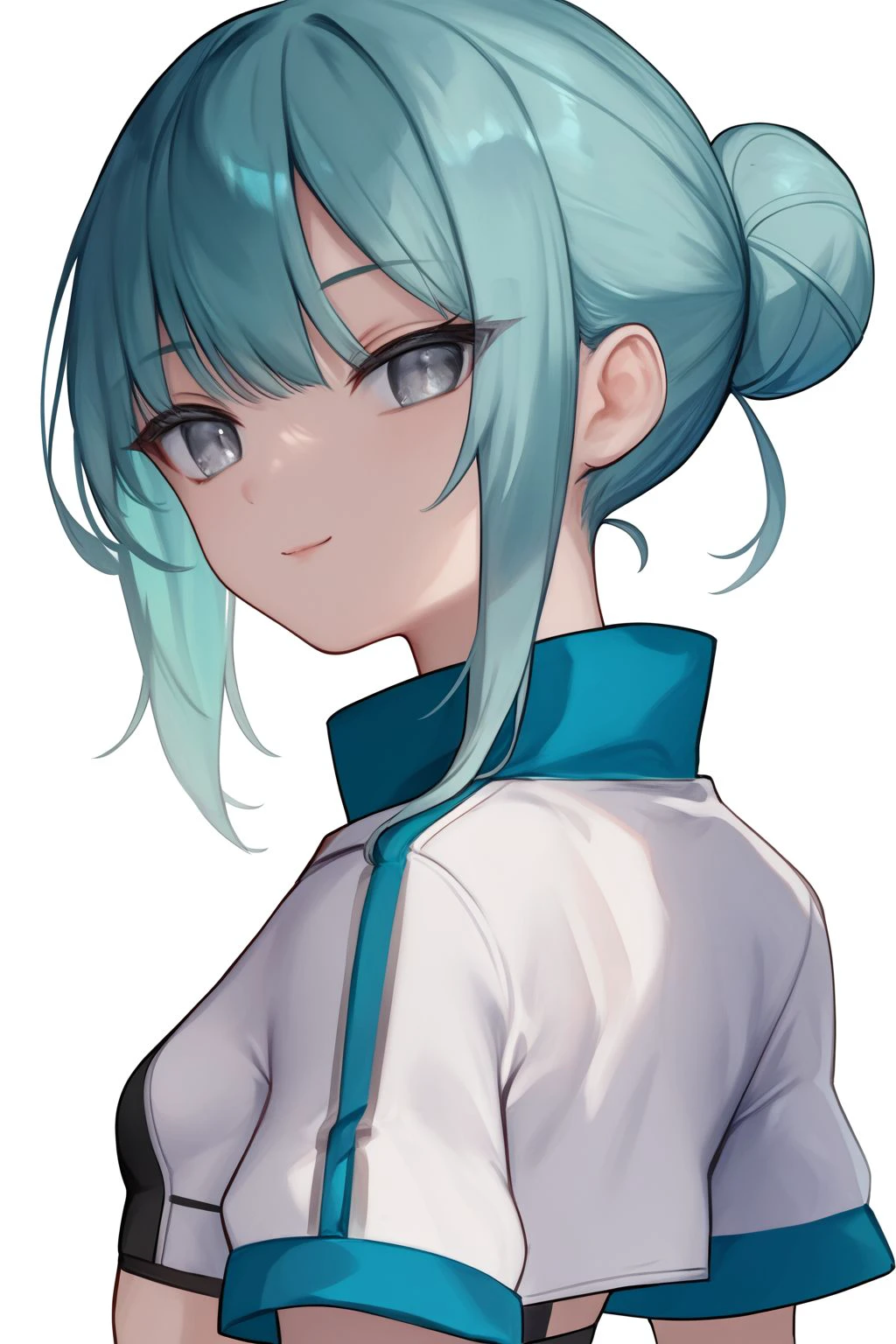 score_7_up, high resolution, 1girl, looking at viewer, hands_behind_back, seductive smile, aqua hair, single hair bun, bangs, silver eyes, small breasts, bronze cropped jacket \(bolero\) <lora:kedama_milk_PonyXL_style_v01.07:1>