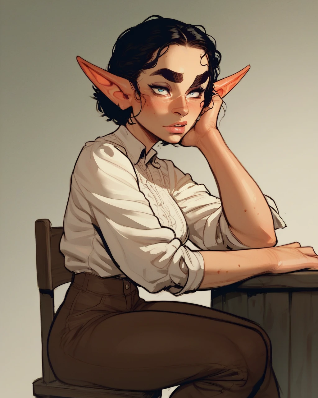 score_9, score_8_up, score_7_up, score_6_up,InCasestyle,1girl, portrait, female, solo, thick eyebrows, bushy eyebrows, elf, short, black hair, sitting on stool, white blouse, brown pants<lora:Incase_PDXLV1Resize:0.95> zPDXL