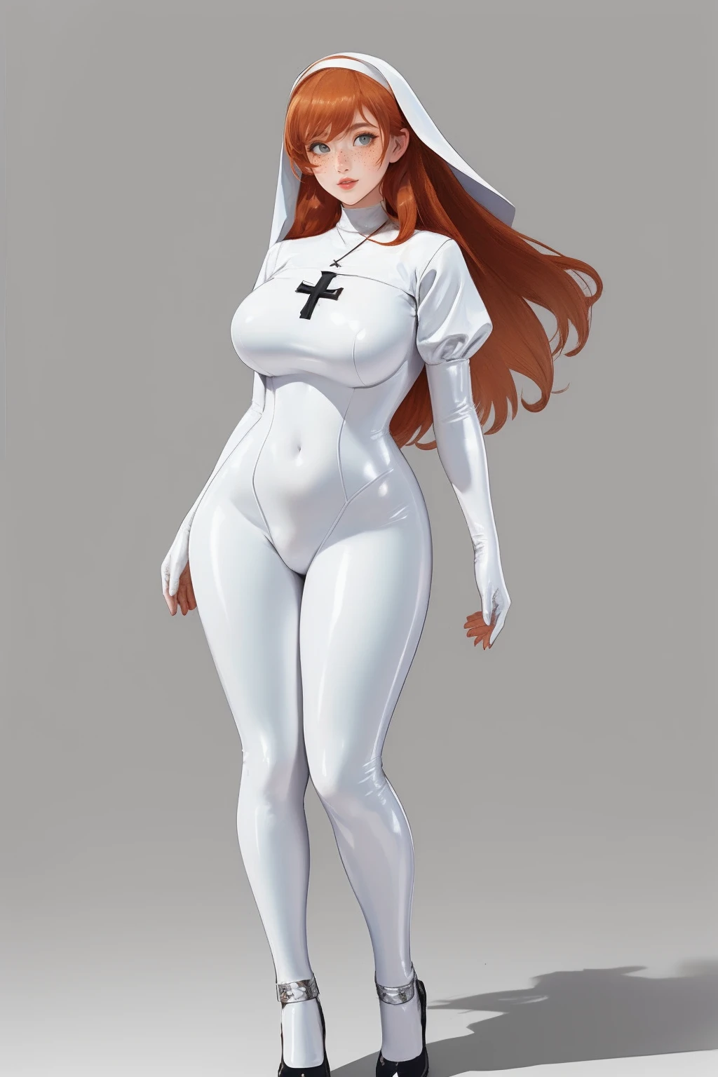 ch0wb13nun, long hair, bodysuit, cross, white bodysuit, nun, white latex, latex bodysuit <lora:detail_slider_v4:1> <lora:Fr3ckles:0.75> Fr3ckles, (ginger hair, long hair:1.2), grey eyes, freckles, 1girl,  <lora:ch0wb13nun:0.5>  full body, simple background,