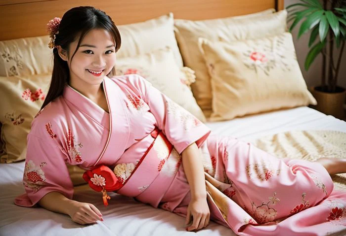 ((Raw Analog Color Photo)), ((full body in frame, head to toe in frame)), (best quality, high quality, sharp focus:1.4), Beautiful photogenic smiling Japanese, (detailed skin), (wearing a beautiful kimono), Relaxed_Woman, laying down, Aesthetically_Pleasant_Woman, Pleasant:Asian