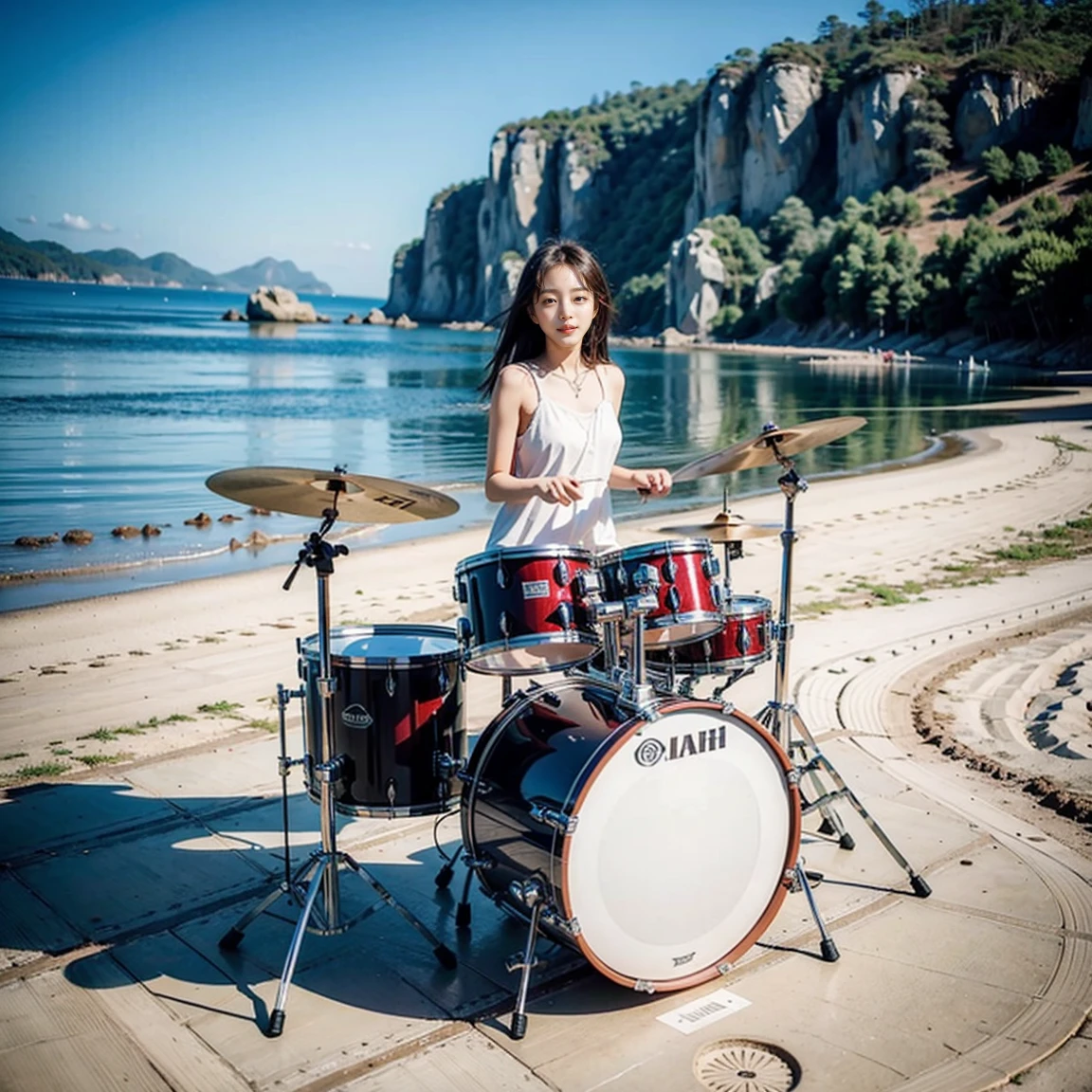 1girl, outdoor, drum, playing drum,  beach, day, 

masterpiece, best quality, 8k