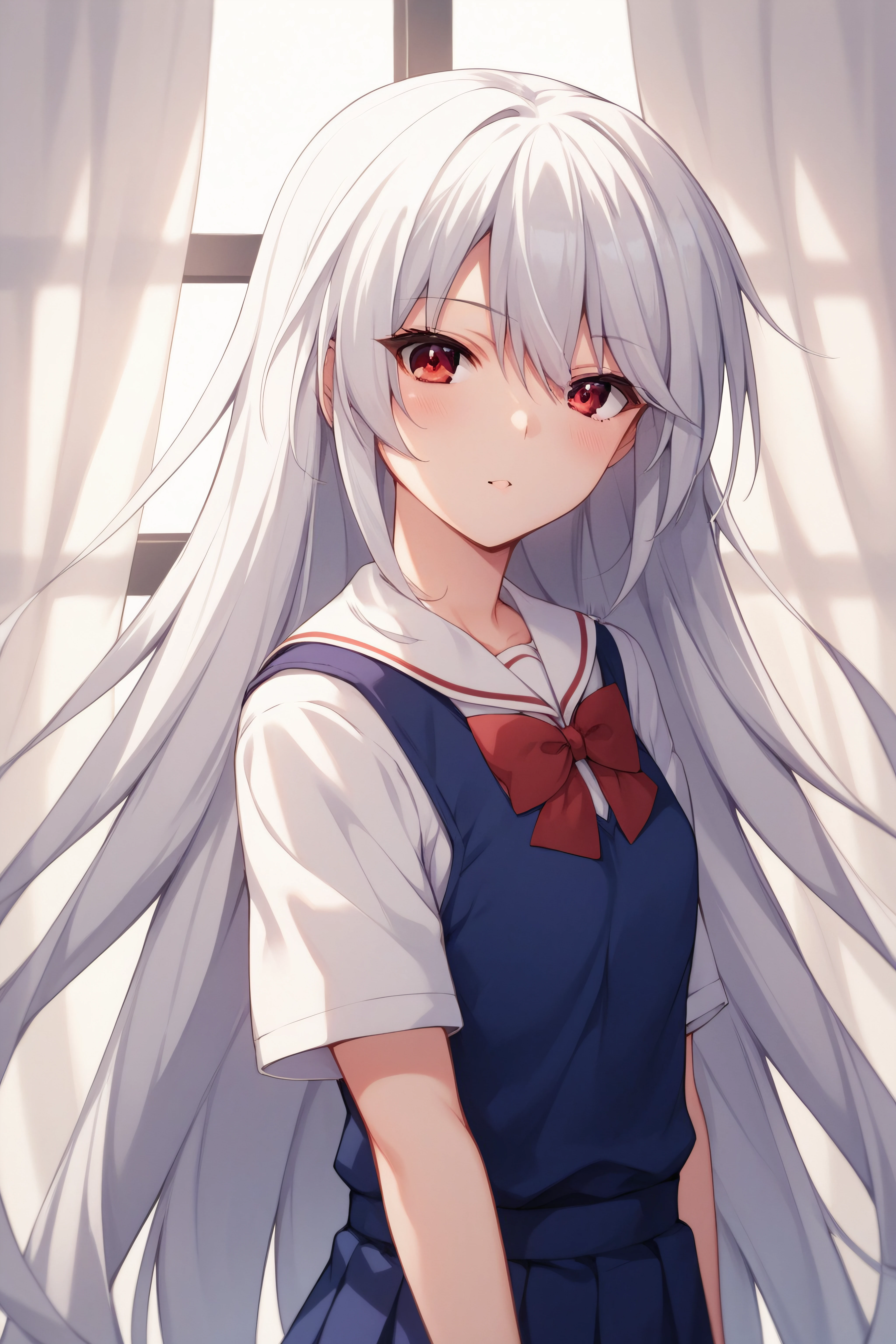 score_9, score_8_up, score_7_up, score_6_up, score_5_up, score_4_up, BREAK source_anime, <lora:kazuki kazami-sdxl-lora-Faxtron:0.7> kazuki kazami, red eyes, white hair, very long hair, school dres,