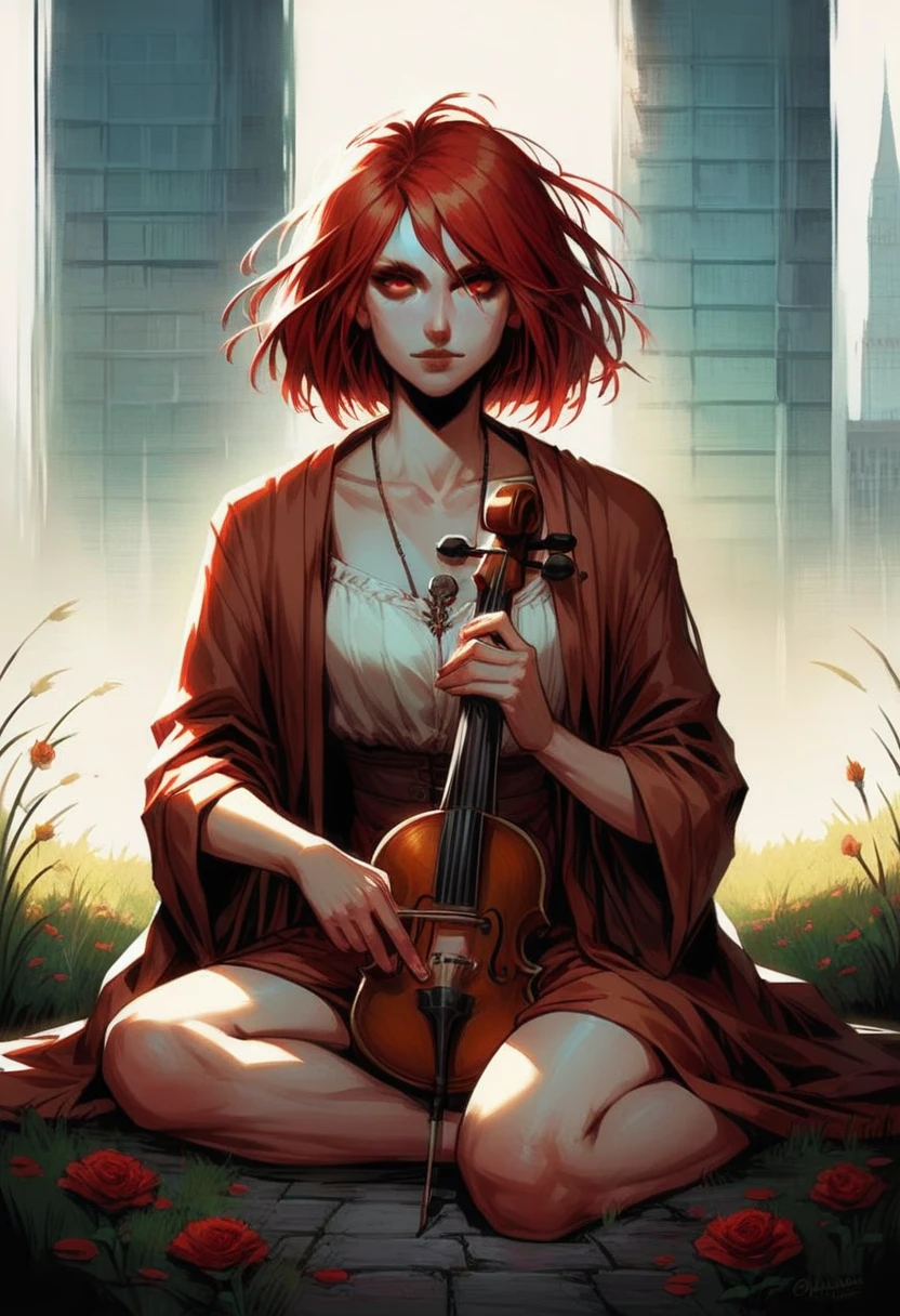 aline, score_9, score_8_up, score_7_up, aline, red hair, detailed red eyes, short messy straight hair, 1girl, robe, mage, sitting on the floor, outdoor, gras field, playing the violin, city in background, tower in background, rating_safe, Porta 160 color,shot on ARRI ALEXA 65,sharp focus on subject, <lora:person_aline_pony:0.8>
