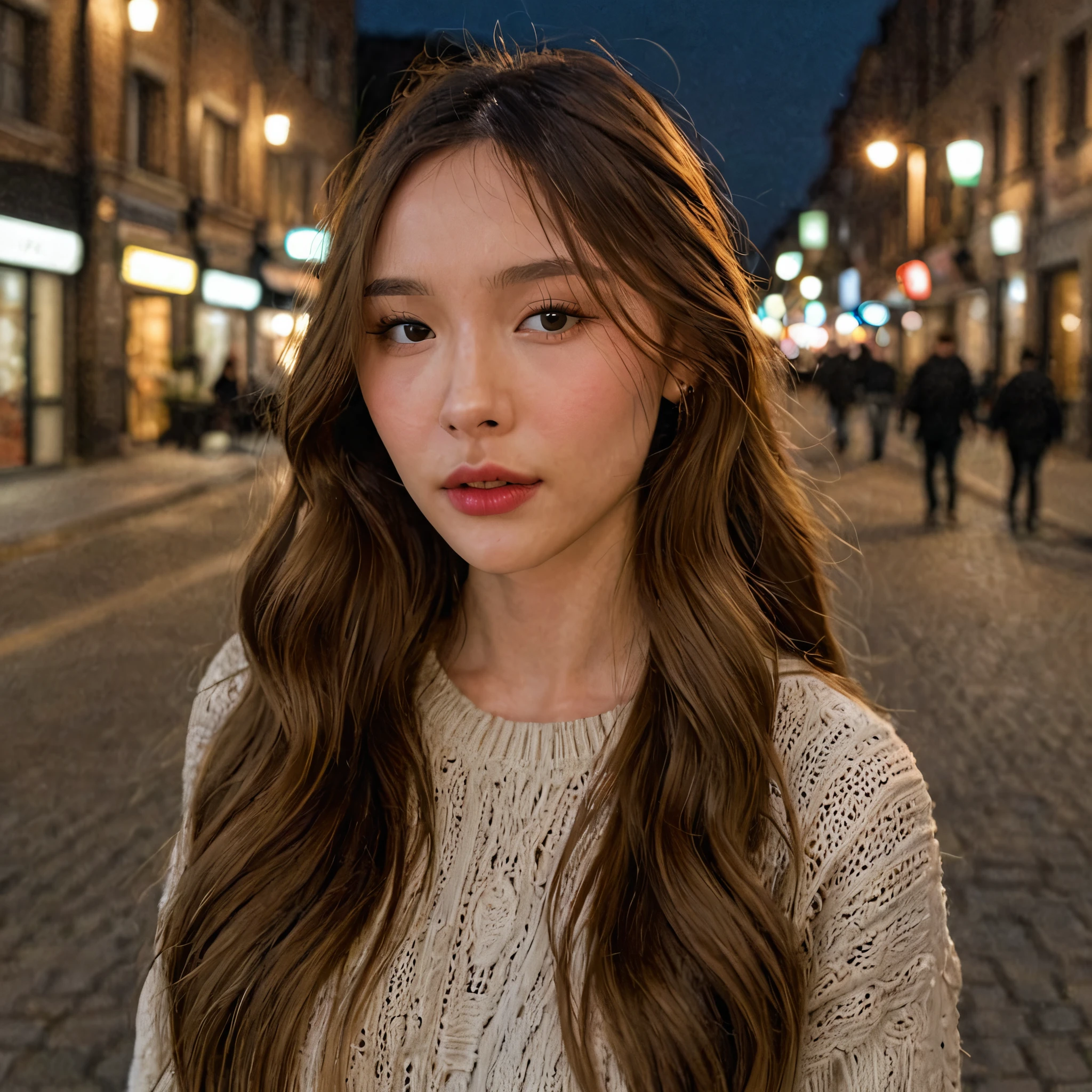 woman,round earrings,long hair,close-up,front view,F/1.8,volumetric lighting,wearing sweater,highly detailed skin,pores,night,city street, <lora:cute girl:1>