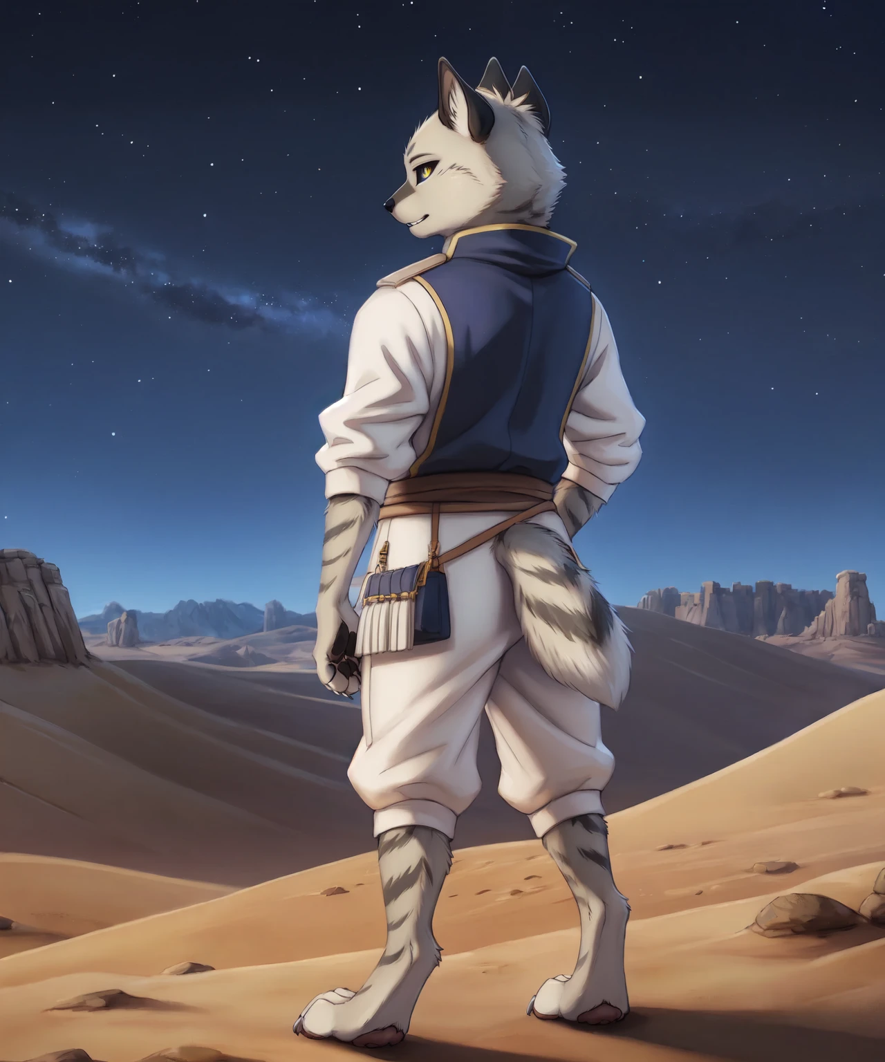 lant3veldt, vista overlooking a vast desert, standing,looking back,narrowed eyes, nuetral expression, solo,male,anthro,heterochromia, full body, three-quarter view, feet, paws, claws, white sclera,blue-grey eye, black sclera, yellow eye, white jacket, gold trim, white bottomwear, sharp eyes, high collar,belt,detailed fur,canine teeth, striped hyena, insanely detailed, outdoors,desert, night,stars, palace, detailed background,4k, hi res, ultradetailed,cinematic lighting,natural light, digital media (artwork),(rembrandt:1.1025), by sefeiren,by braeburned, by zackary911, by personalami, by letodoesart, by zyria, by drakawa, <lora:lant3veldt_YMv2:0.9>, by blotch, by chung0 0, by lunalei
