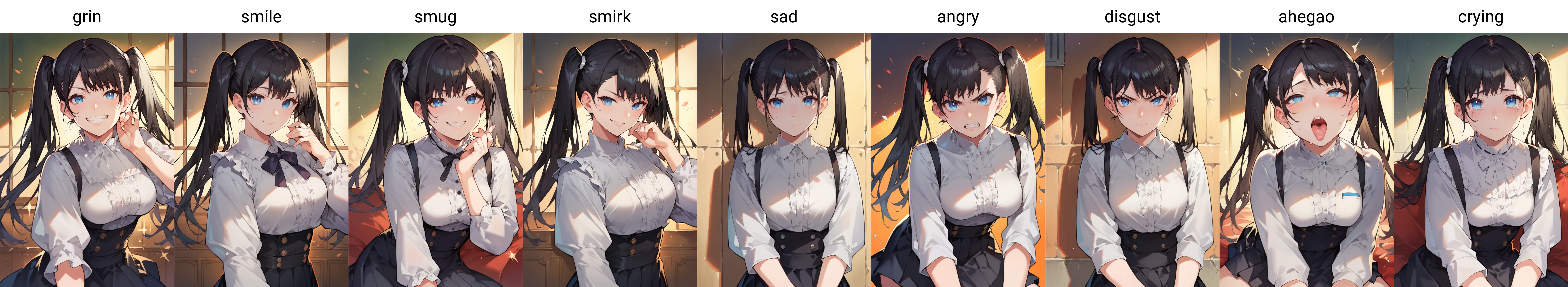 score_9, score_8_up, score_7_up, source_anime, 1girl,blue eyes,twintails, black hair, white blouse, black skirt, grin,looking at viewer, from front,<lora:Starshadowmagician-Style-PonyXL-000052:1>