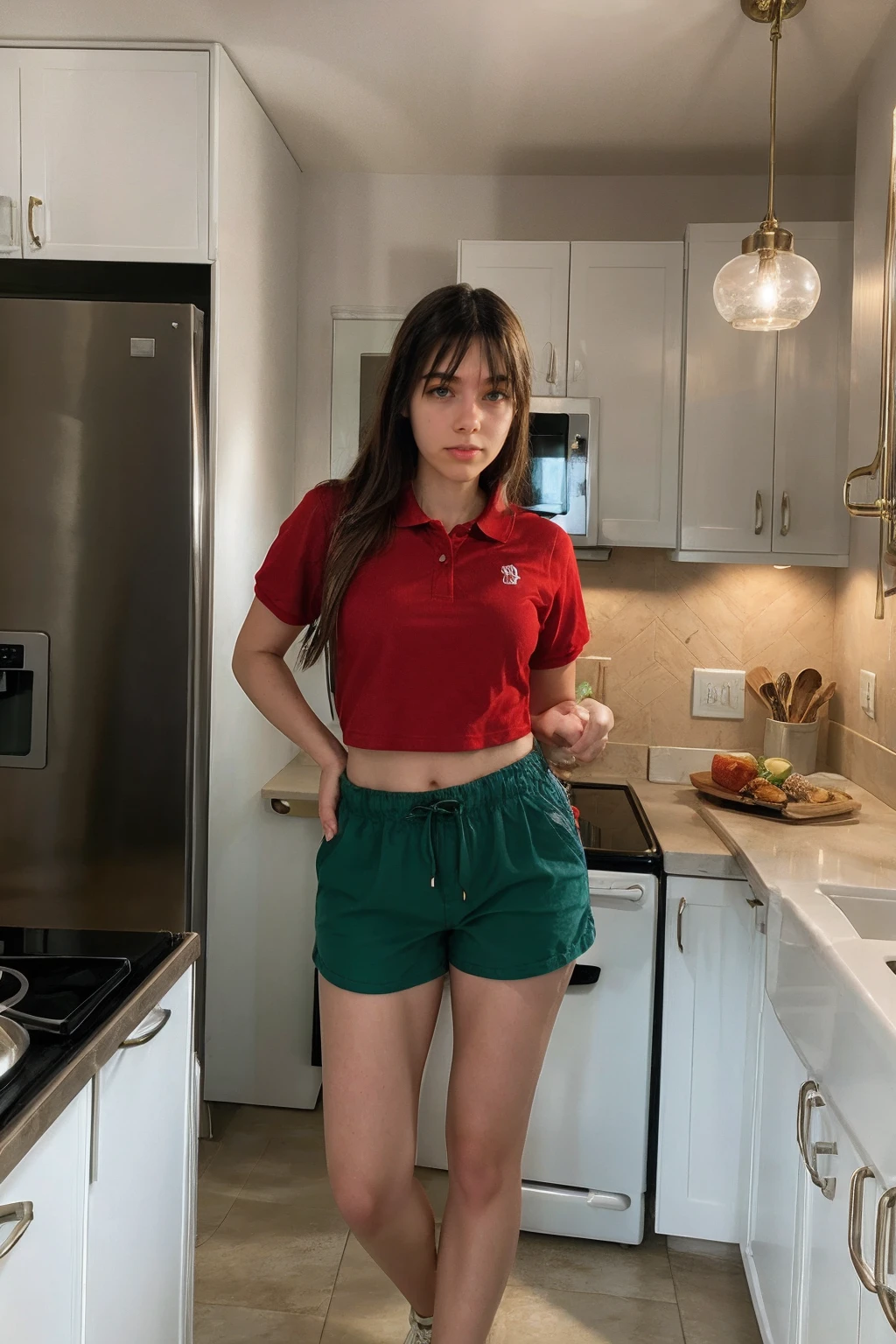 <lora:ijenz:0.9>ijenz, ,a woman wearing Polo shirt and cargo shorts, kitchen, (silhouette lighting:0.5)