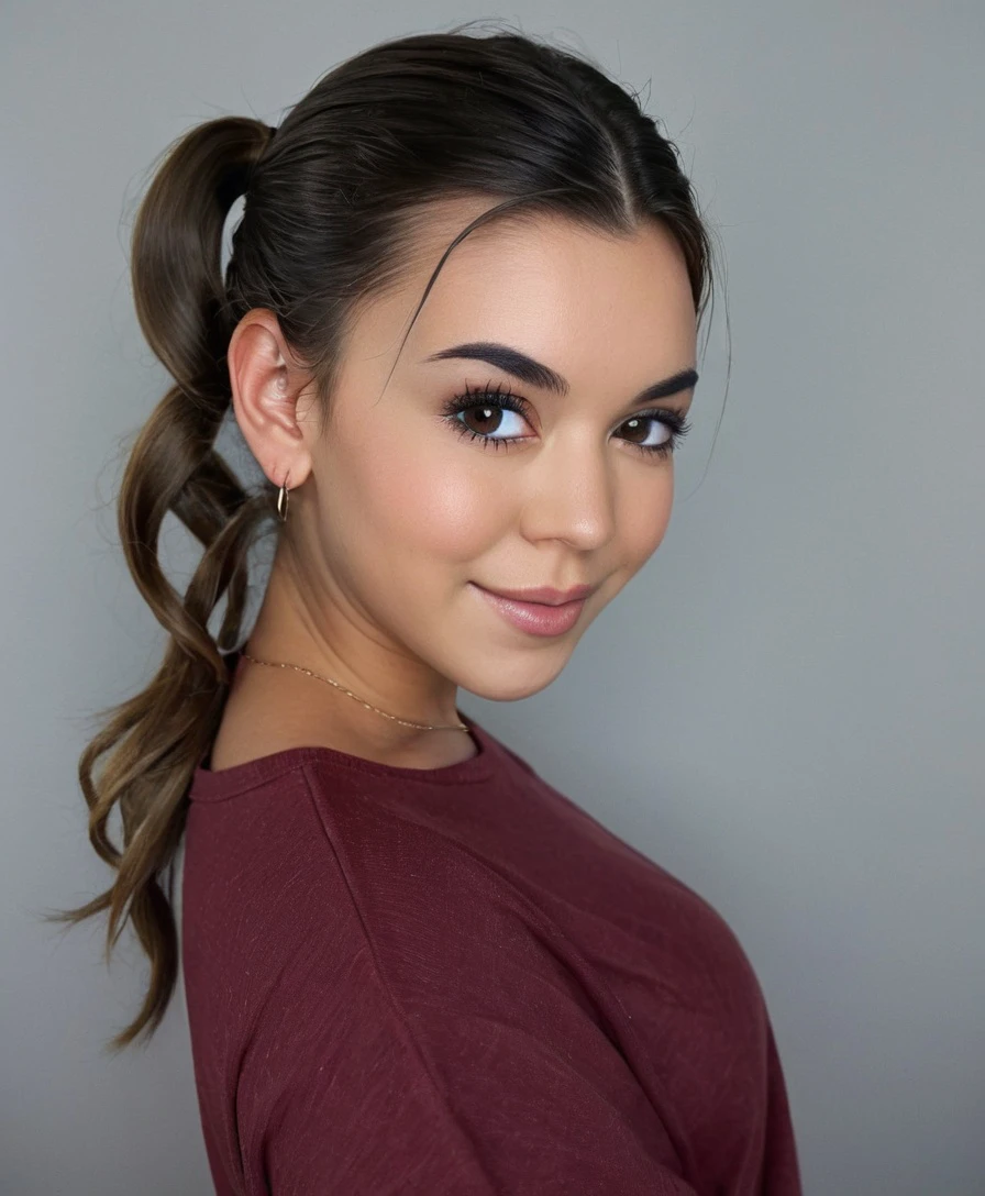 Steph, portrait, eye makeup, pigtails, wearing t shirt, smiling