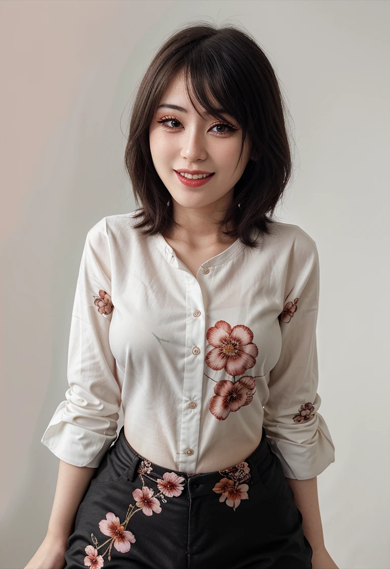 1girl, lariroche, flowered design shirt, flower print, long sleeves, white background, simple background, portrait, upper body, makeup, eyeliner, grin, smile,