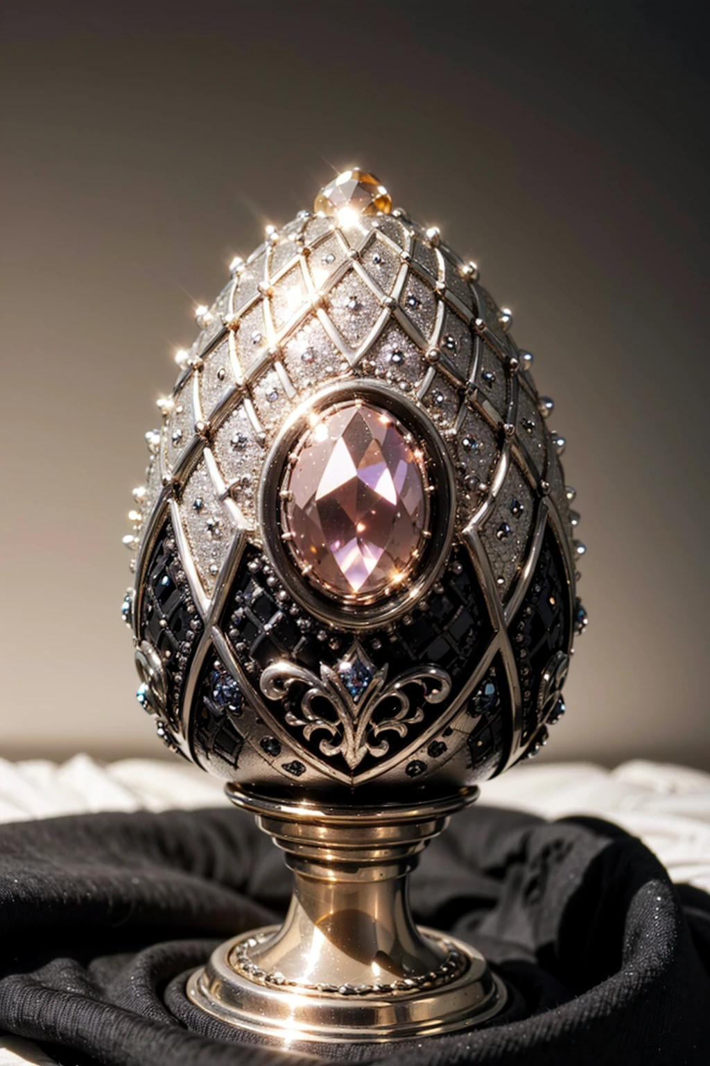 ((amazing faberge egg-shaped diamond , glittering facets, intricate details, silver filigree, magnificent art object, sitting on wrinkled-black velvet-cloth-cinematic lighting)) ((ultra-HD-Details))