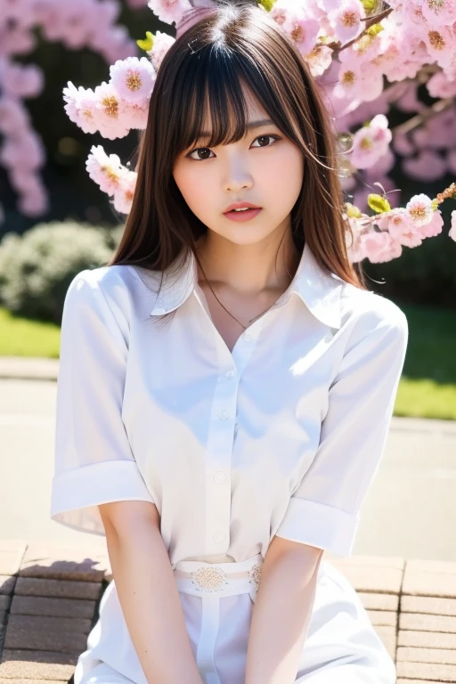 1girl,(RAW photo, best quality), (realistic, photo-realistic:1.4), masterpiece, an extremely delicate and beautiful, extremely detailed, 2k wallpaper, Amazing, finely detail, extremely detailed CG unity 8k wallpaper, ultra-detailed, highres, soft light, beautiful detailed girl, extremely detailed eyes and face, beautiful detailed nose, beautiful detailed eyes,cinematic lighting,perfect anatomy,slender body,
wearing a white collar blouse,white skirt(bokeh:1.2),
at a flower park,sakura flowers,flower garden,
<lora:usa_lora:0.8>