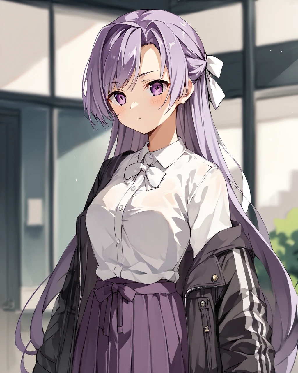 score_9, score_8_up, score_7_up, score_6_up, score_5_up, score_4_up, BREAK source_anime,
<lora:Tenma_Misaki_PONY:1>,1girl, solo, long hair,very long hair ,purple eyes,purple hair, hair intakes, half updo,white ribbon, jacket, sidelocks,white shirt,purple skirt,