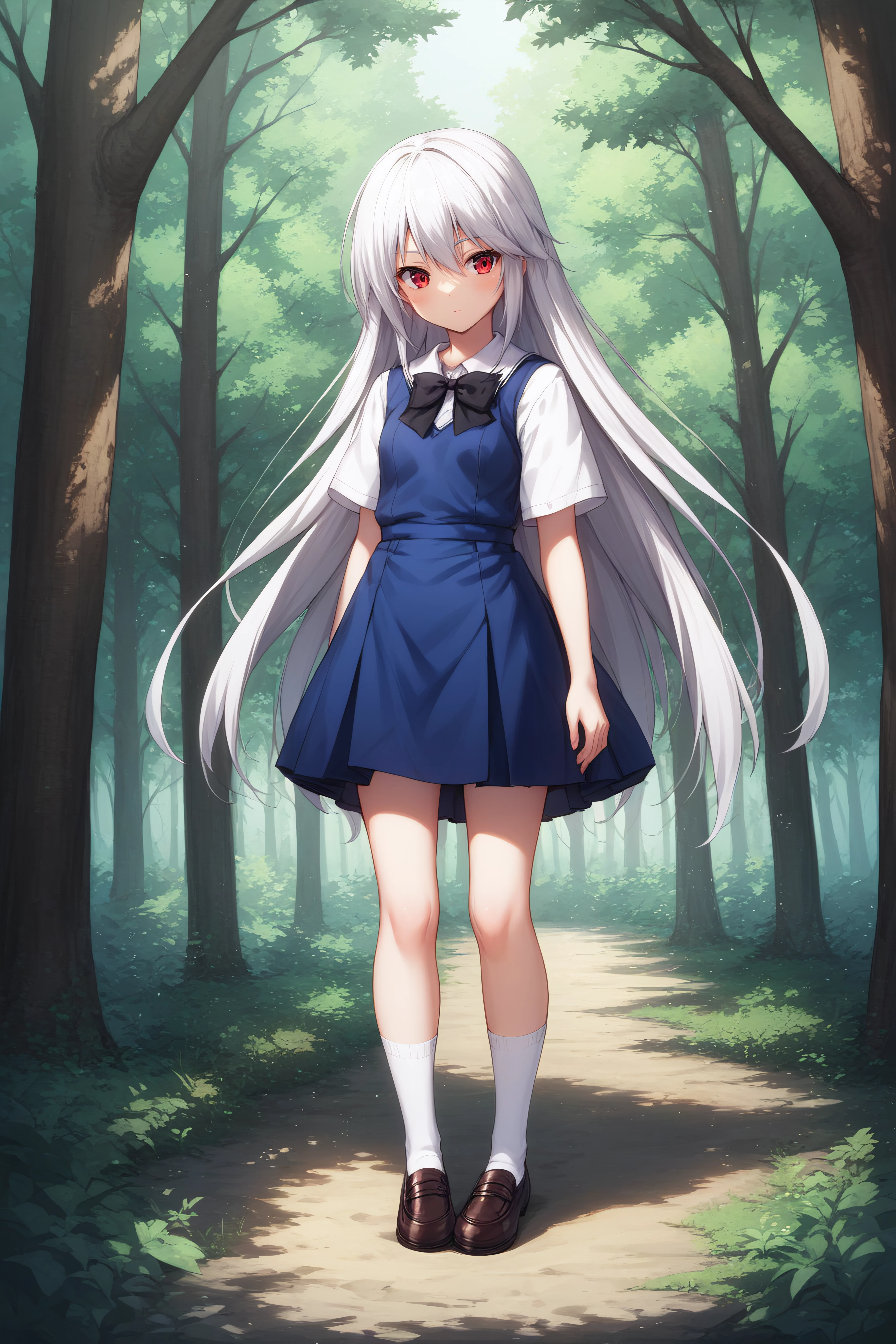 score_9, score_8_up, score_7_up, score_6_up, score_5_up, score_4_up, BREAK source_anime, <lora:kazuki kazami-sdxl-lora-Faxtron:0.7> kazuki kazami, red eyes, white hair, very long hair, school dress, black bow, socks, forest,