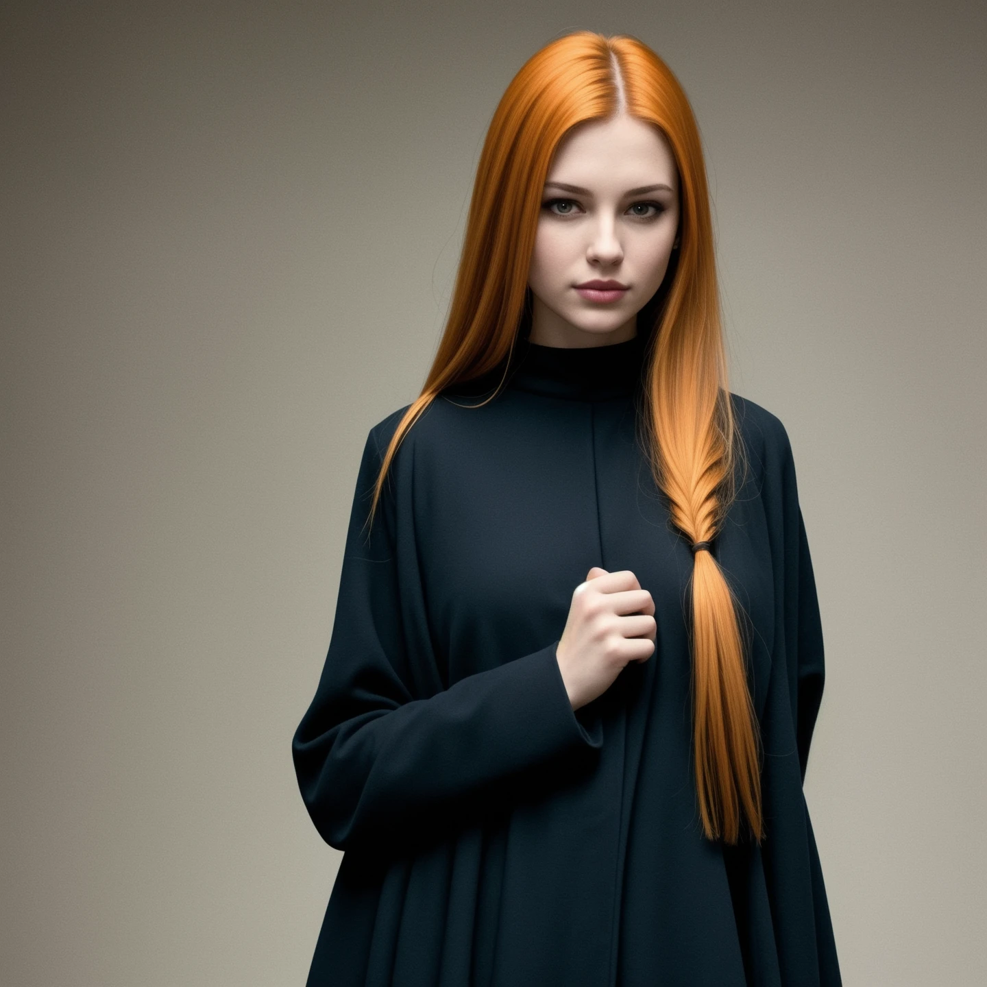 girl in long black coat, ginger
