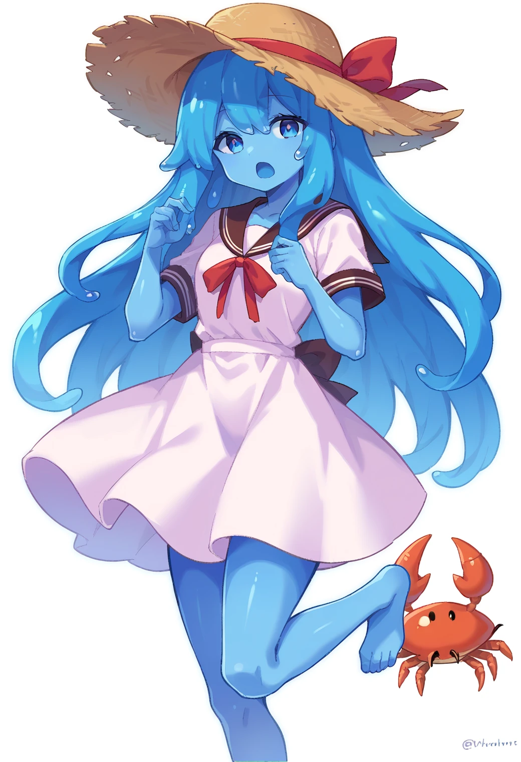 slime girl, 1girl, hat, monster girl, dress, solo, colored skin, blue hair, blue eyes, crab, open mouth, long hair, straw hat, simple background, twitter username, liquid hair, ribbon, white dress, neck ribbon, blue skin, white background, standing, red ribbon, hands up, short sleeves, standing on one leg, sailor dress, sailor collar  <lora:slime_girl_pony:1> score_9, score_8_up, score_7_up, score_6_up, score_5_up, score_4_up, source anime, transparent,