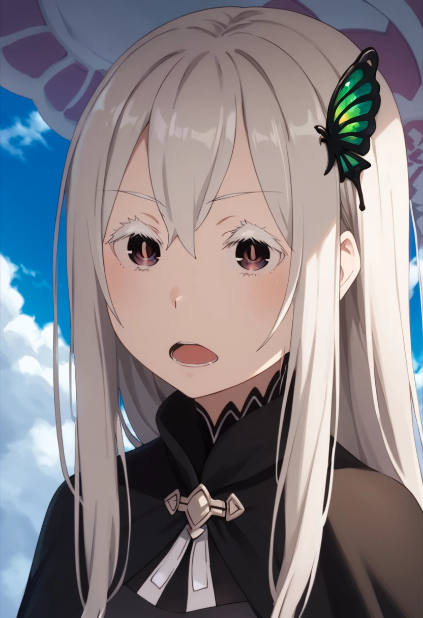 score_9, score_8_up, <lora:echidia:1> 1girl, butterfly hair ornament, capelet, cloud, colored eyelashes, day, echidia, hair between eyes, hair ornament, long hair, open mouth, solo