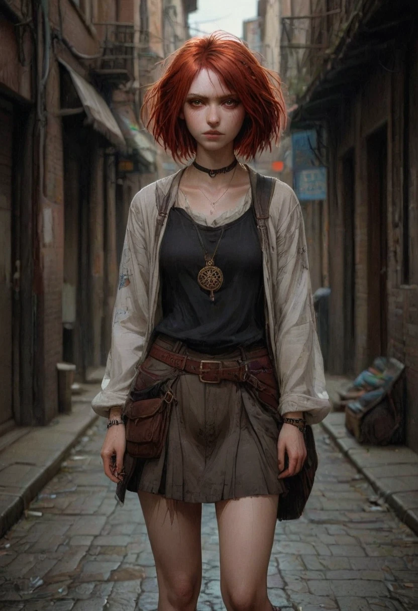 (aline:1.5),red hair,short messy straight hair, full body shot, fantasy art of aline wearing a messenger bag, standing in the city, wearing old dress, full detailed photo, taken with Nikon D850, Nikon AF-S 85mm f/1.4G lens, extremely detailed face, (dystopian movie:1.22), sweaty face <lora:person_aline:1>