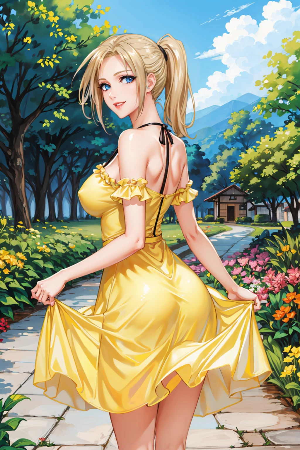 masterpiece, best quality, 1girl, solo <lora:ff7claudia-nvwls-v1-000009:0.8> ff7Claudia, ponytail, yellow sundress, from behind, garden, large breasts, smile, skirt hold, village <lora:edgChamYellowSundress:0.4> edgYSD,woman wearing a yellow sundress