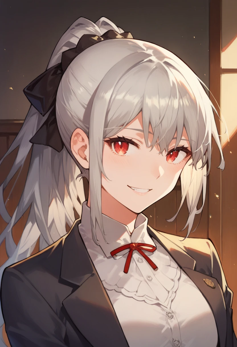 Girl with short white hair wears a very tight schoolgirl uniform and has a sadistic smile