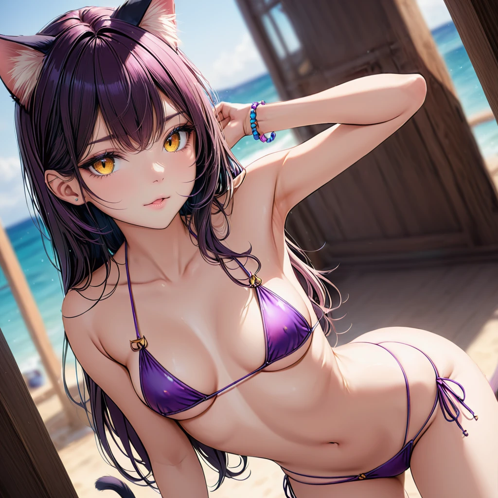 vivid color, masterpiece, best quality, best detail, (catgirl, cat ears), bikini, small breast,