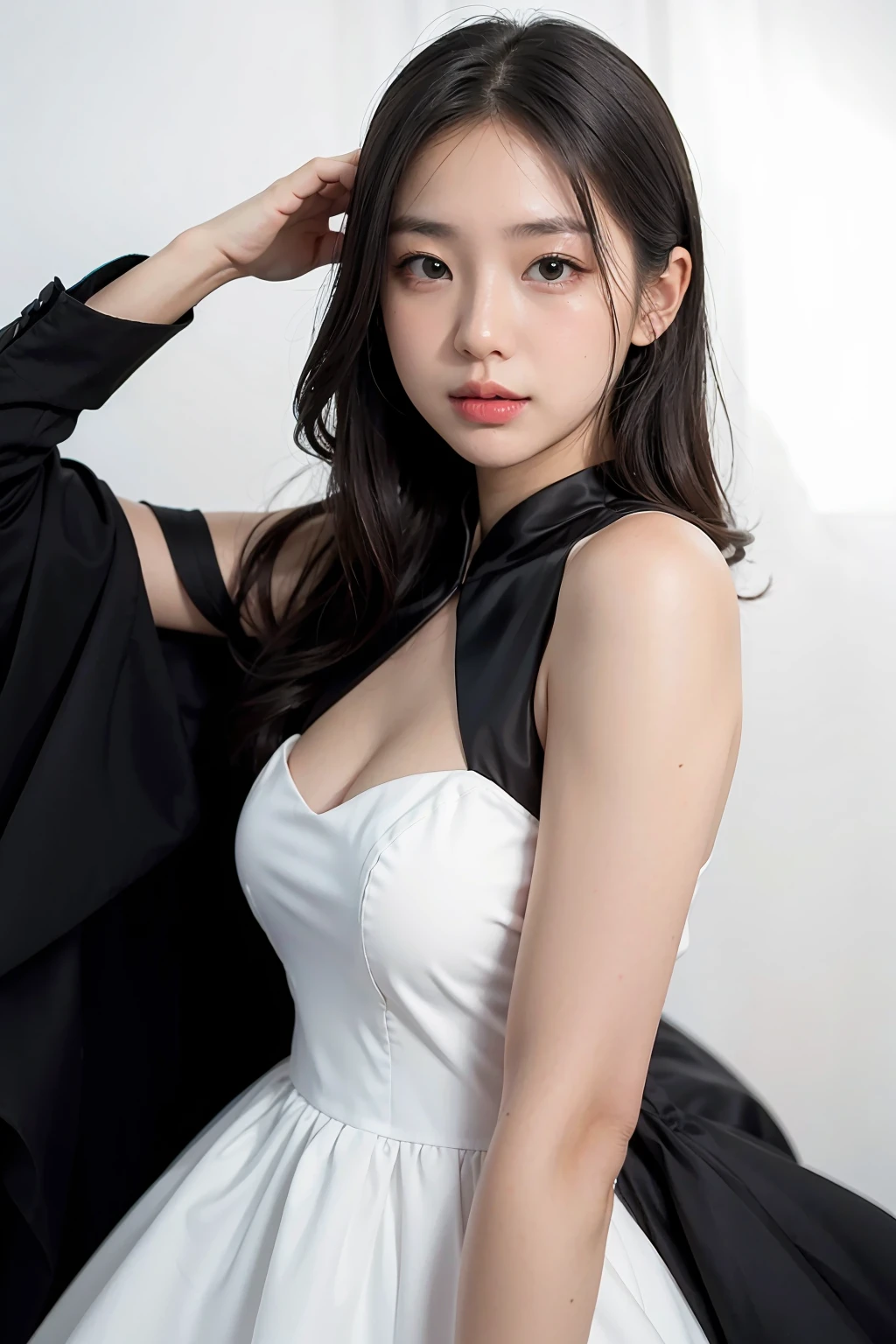 1 woman, black random formal dress, white background,   
