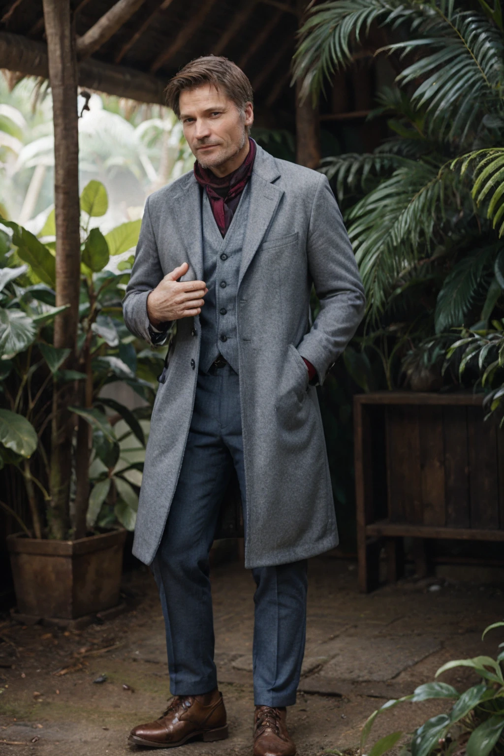 <lora:nicolajcoster:0.9> nicolajcoster a man wearing Overcoat and herringbone trousers , lush rainforest