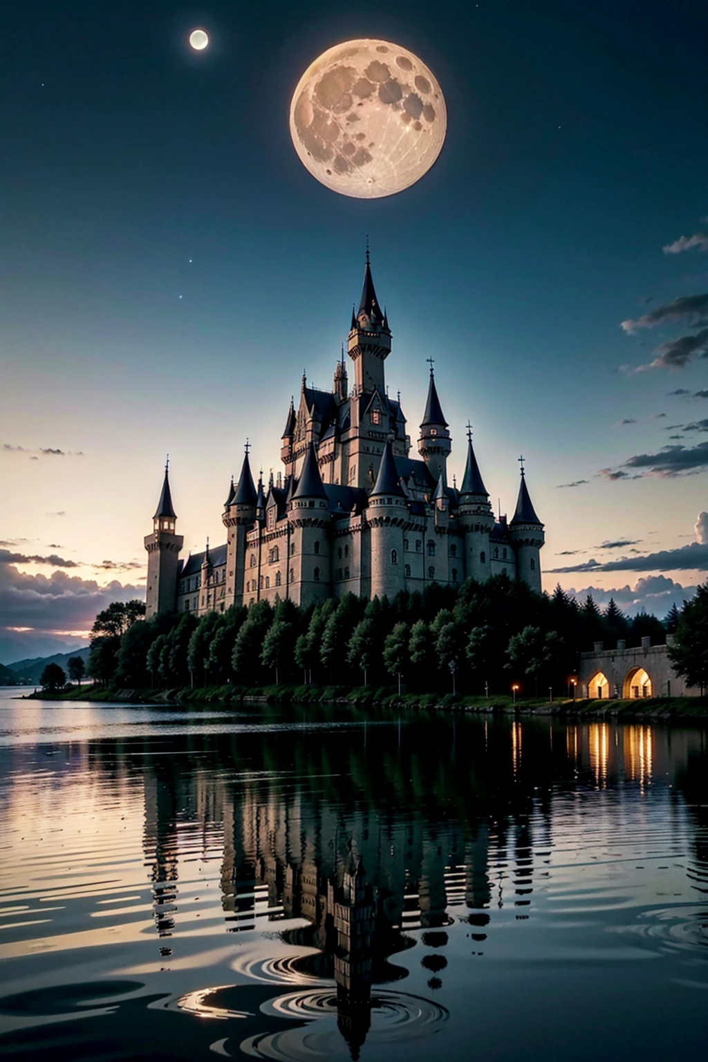 ((fantasy dark scene, atmospheric cinematic lighting, dynamic pose)) (( huge dark bright castle interior)) (( moon setting over water, reflection)) ((crisp, sharp ultra_hd_details))