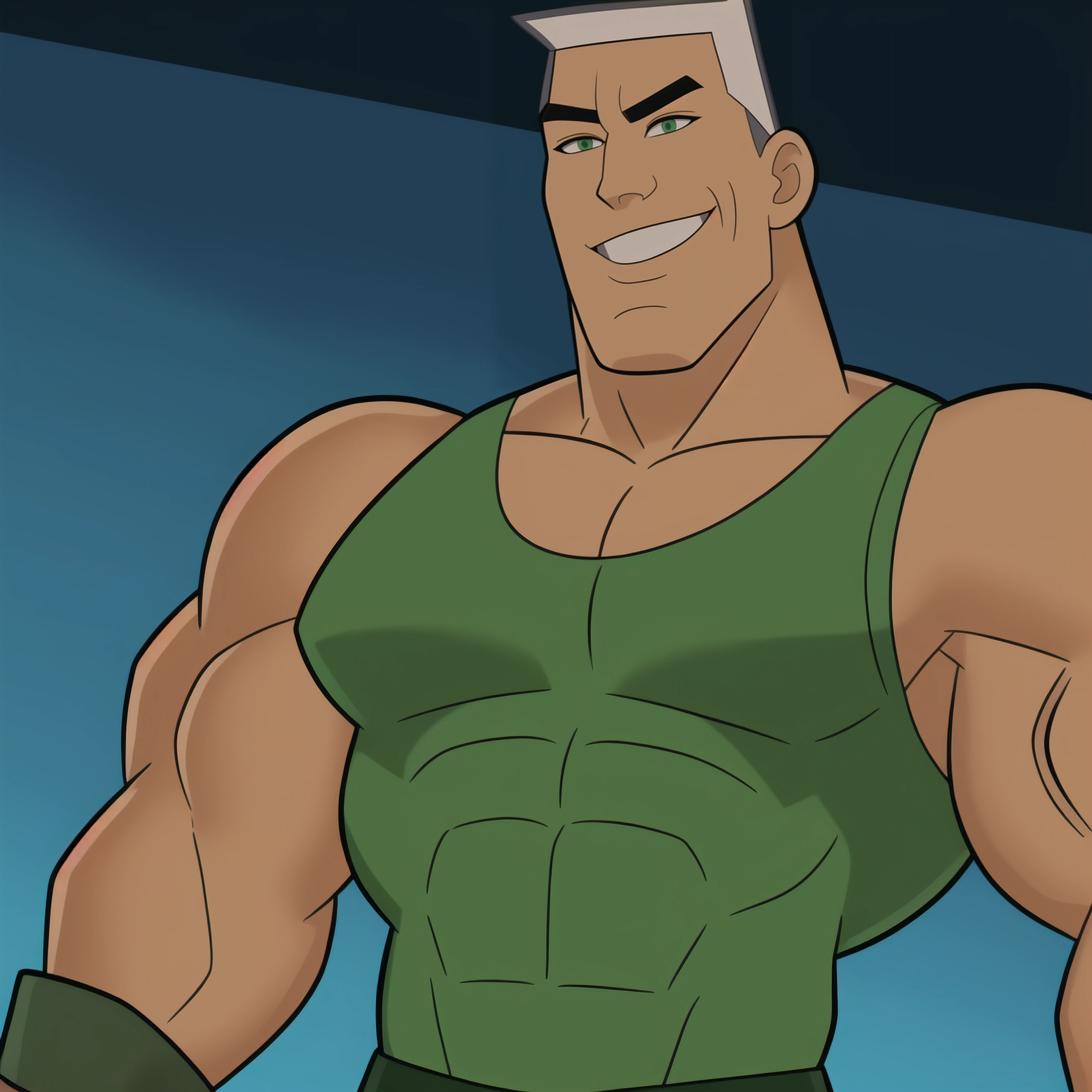 <lora:JorgenVonStrangleLora:1>
((high resolution, masterpiece, RAW Details)), Jorgen Von Strangle, humanoid, human, large muscles, flexing, night-time background, tank top, pants, boots. flexing muscles, smile, large bulge, bodybuilder, smirk, solo, large pecs, ((upper body shot, face close up))