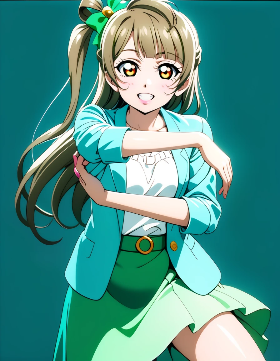 1girl,solo,
minami kotori, love live!
casual wear,skirt,
grin,
<lora:curespicyposeXL2:1>,curespicypose,
(legs apart:0.6), pose,
looking at viewer,
(simple background:1.2),green background,
cowboy shot,
masterpiece, best quality, ultra detailed, highres,4k,(ultra-detailed:1.4) (illustration:0.5), (ray tracing,:0.8),(anime colored:0.7),(ai-generated:0.8),