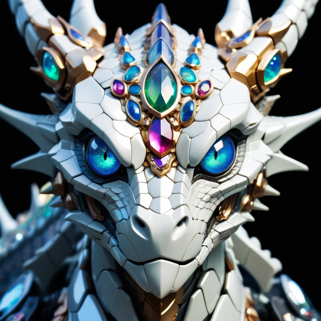 (MECHA:) A beautiful portrait photograph of a dragon with diamond and gemstone scales, opal eyes, cinematic, gem, diamond, crystal, fantasy art, hyperdetailed photograph, shiny scales, 8k resolution