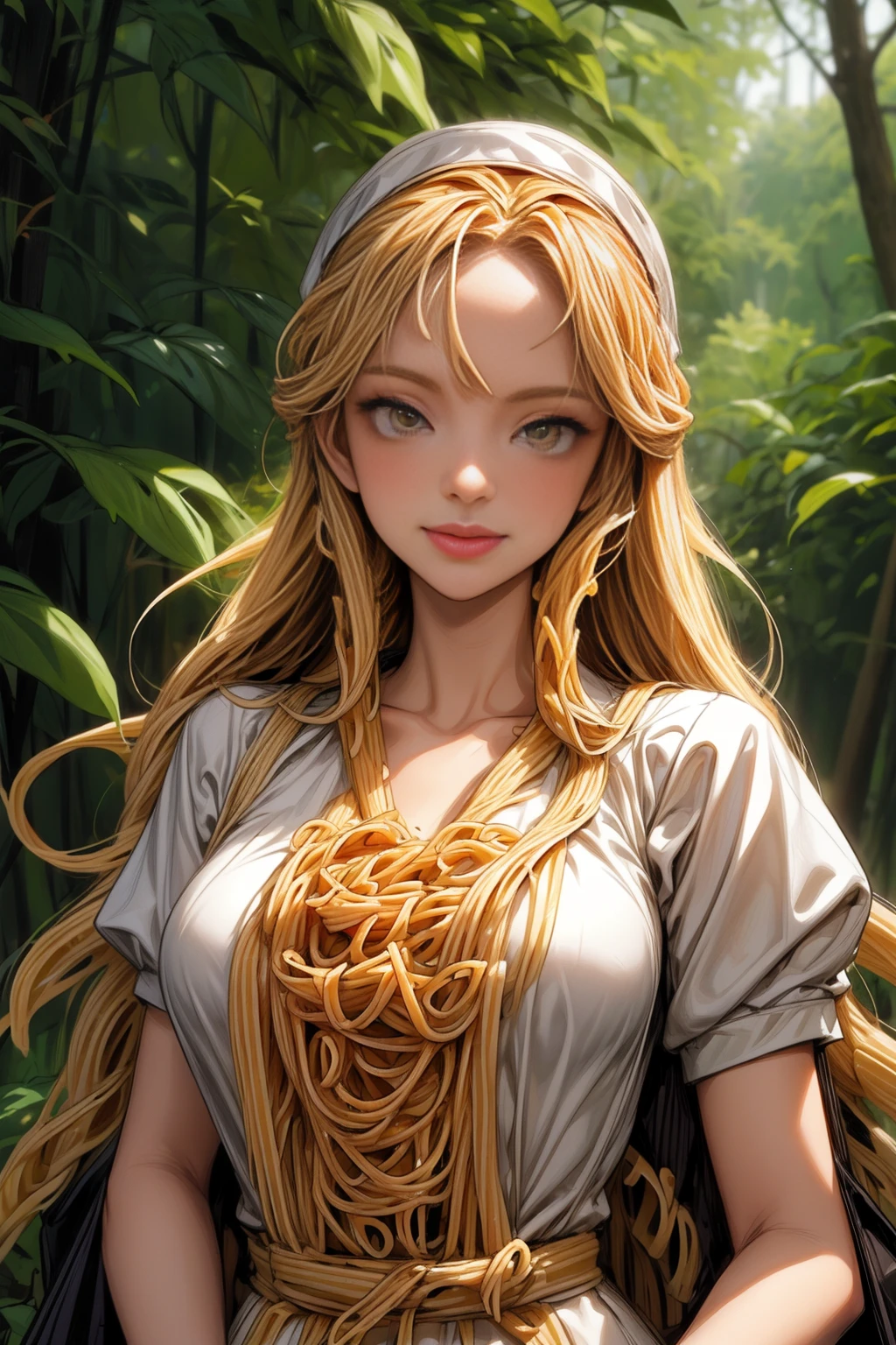 <lora:PastaWorld:0.75> (PastaWorld:1.2) 1woman 20years (sexy clothes:1.2)     <lora:more_details:1> (upper body:1.3) in the forest