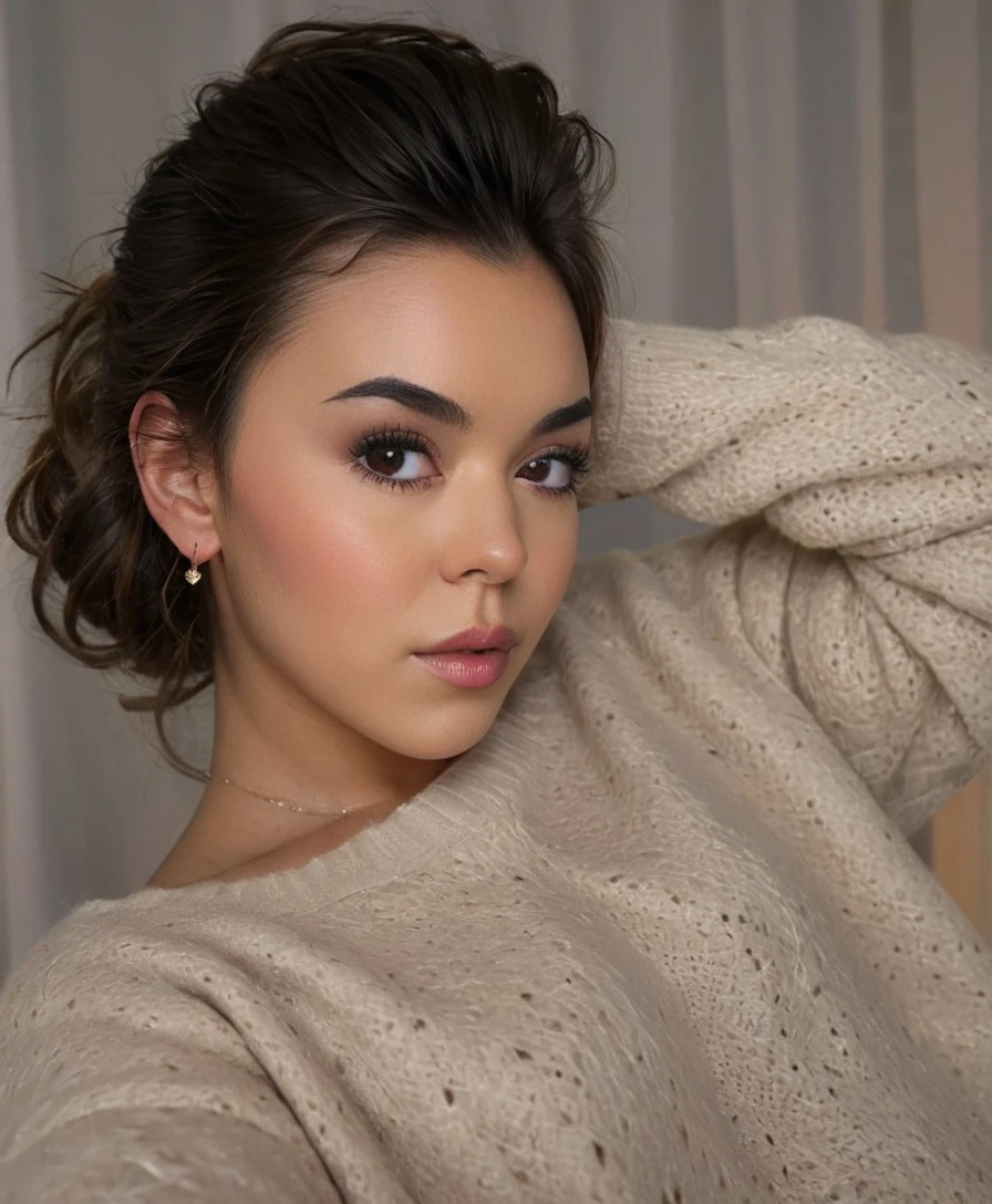 Steph, portrait, eye makeup, bows in hair, wearing sweater