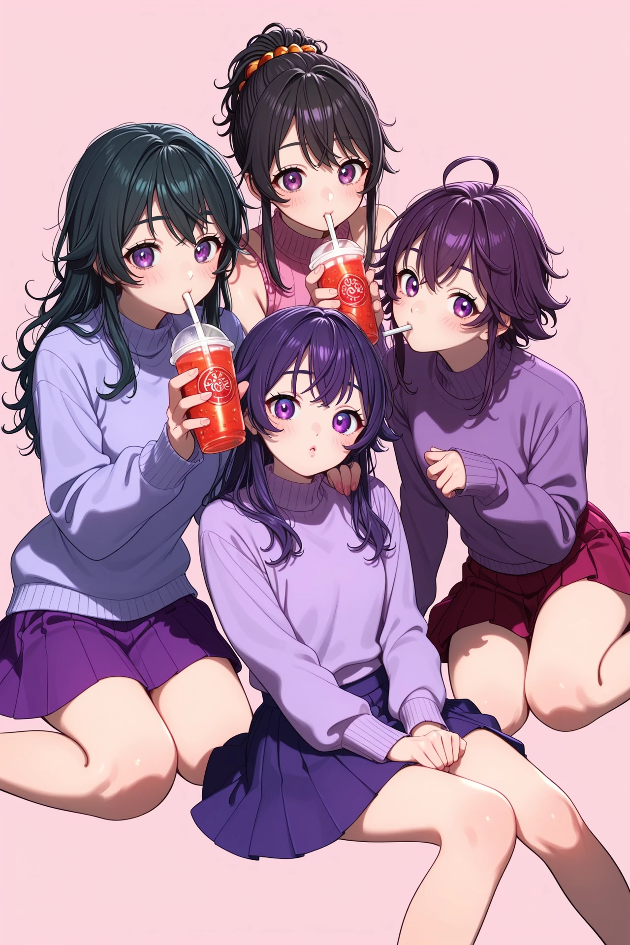  2girls, sitting, pink background, drinking boba, purple sweaters, purple skirts, purple eyes, <lora:rokwmn:1>