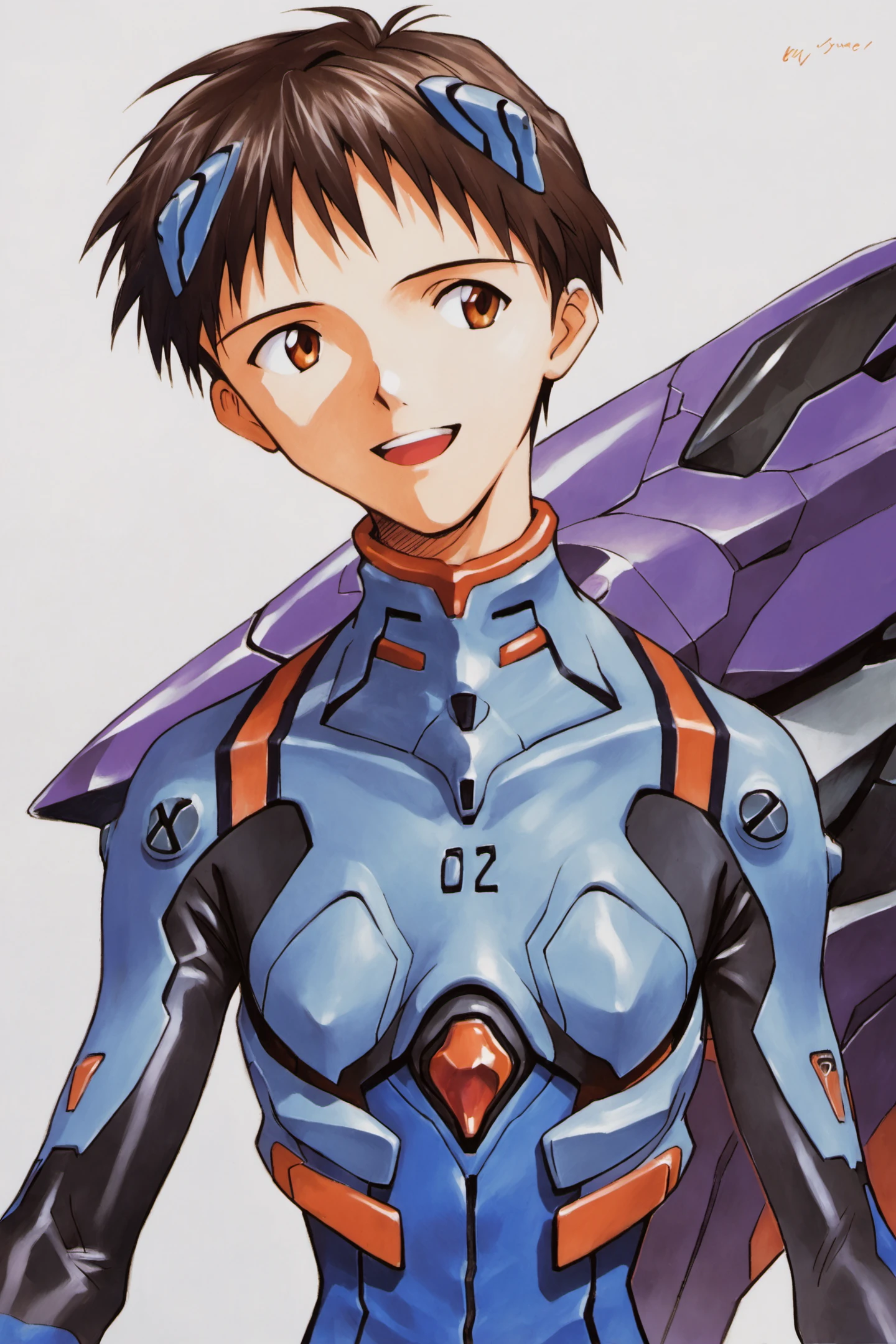 1boy, plugsuit, male focus, ikari shinji, pilot suit, interface headset, bodysuit, eva 01, mecha, smile, robot, open mouth, upper body, brown eyes, gloves, evangelion (mecha), headgear, science fiction, turtleneck, :d, teeth, bracer, bangs, brown hair, white background, solo,  signature, short hair, looking to the side, upper teeth only, traditional media, black hair, blue bodysuit, simple background,score_9,score_8_up,<lora:Sadamoto Yoshiyuki_XL_PONY:0.9>,
