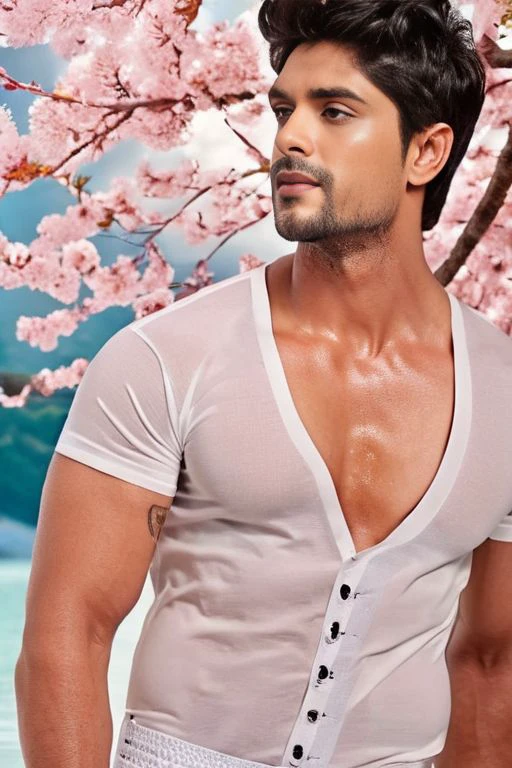 A sexy and handsome indian man, sitting on a chair in a beautiful balcony, flower pots, seductive expression , casual unbuttoned shirt, tits, handsome face , cleavage , nipples , homoerotic
