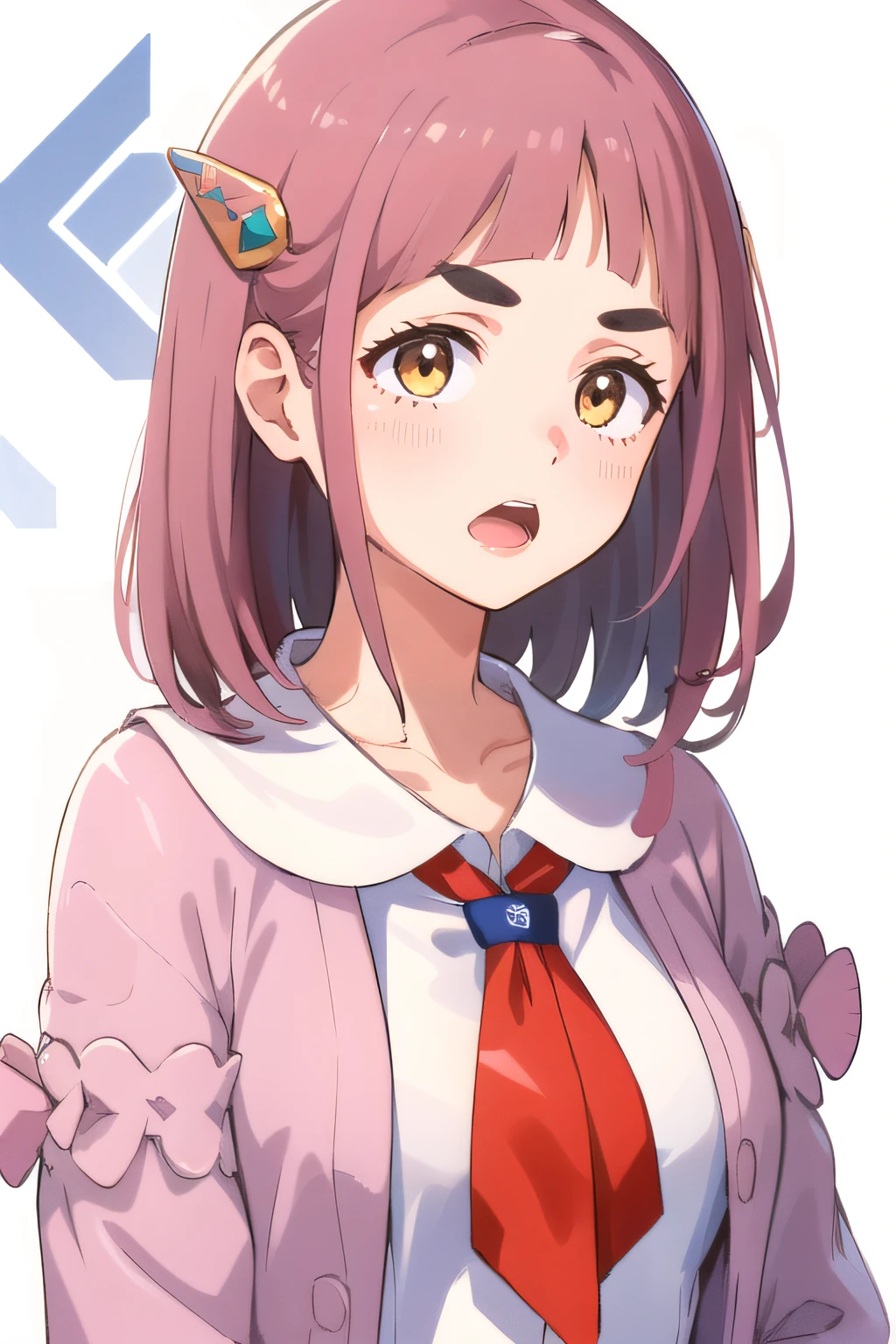(masterpiece:1.2), best quality, high resolution, unity 8k wallpaper, (illustration), extremely detailed face, perfect lighting, extremely detailed CG, 1girl, solo, <lora:Lacey-10:0.8>, lacey, medium hair, standing, pink coat, neckerchief, white shirt, upper body, arms at sides, white background, surprised, open mouth, hand on mouth, simple background
