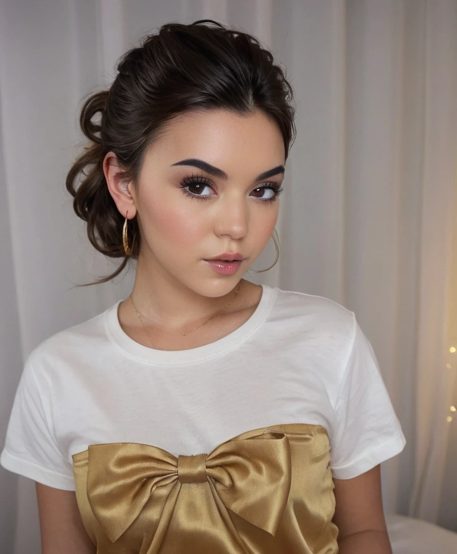 Steph, portrait, eye makeup, bows in hair, wearing t shirt