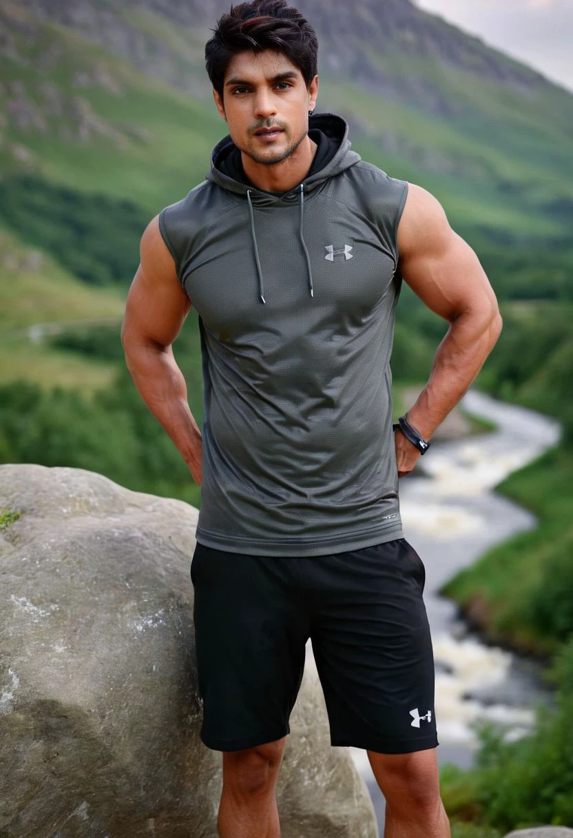photo of dj cassidy a man <lora:Ankit-Gupta_DJ-Cassidy:1>, wearing a sleeveless well-fitted under armour hoodie and compression shorts, standing on a boulder, outdoor trail, 35mm photograph, film, bokeh, professional, 4k, highly detailed, creek in the background, natural lighting, golden hour