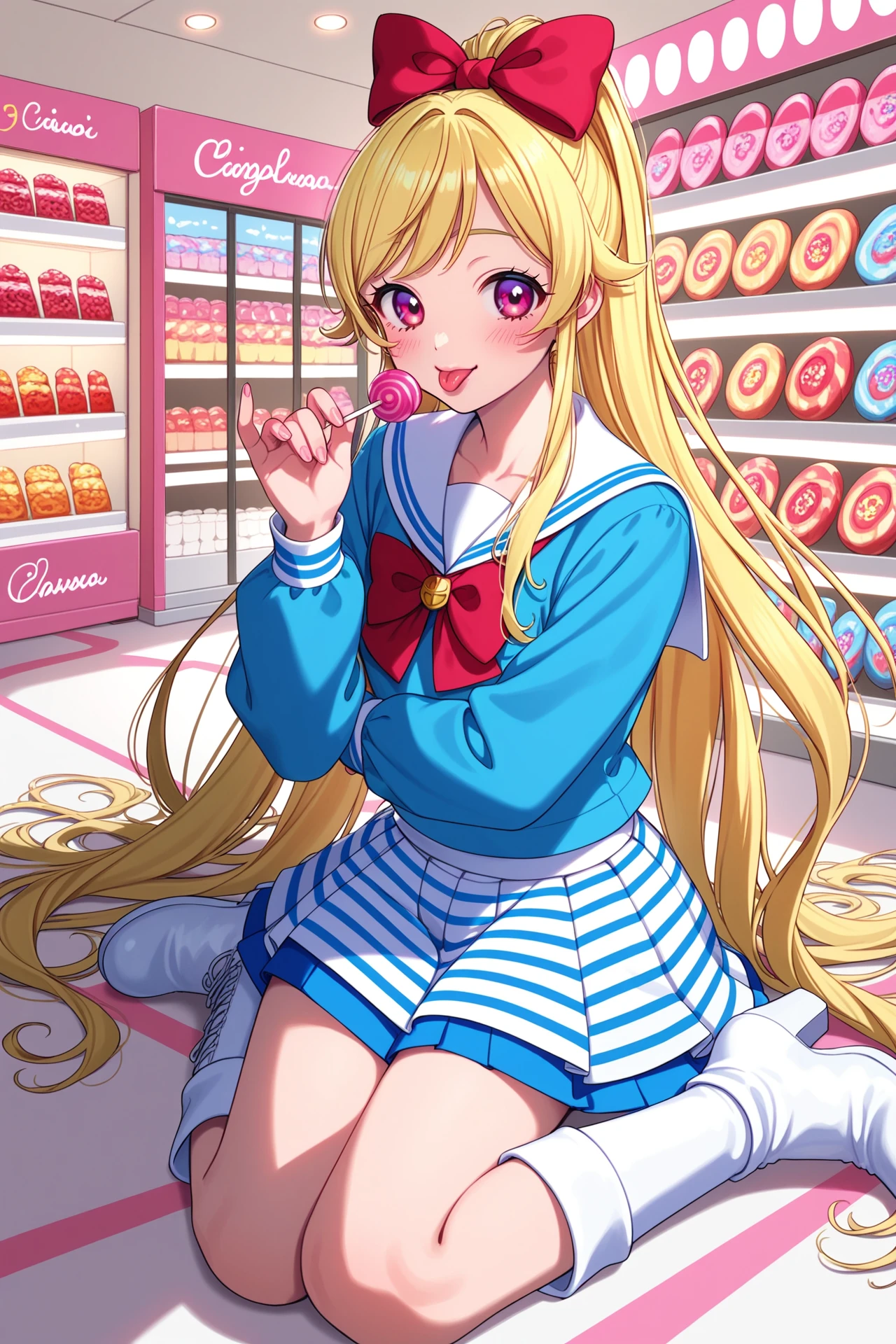 
1girl, aikatsu!, very long hair, blonde hair, pink eyes, red bow, blue shirt, sailor collar, white skirt, striped skirt, blue skirt, white boots, white bow on boots, inside candy store, holding lollipop, licking, blush, happy, <lora:rokwmn:1>