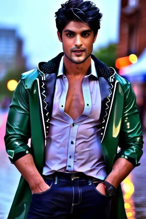 dj cassidy a man <lora:Ankit-Gupta_DJ-Cassidy:1>, wearing a rain coat, crop top, city street, bokeh, homoerotic, rainy day,