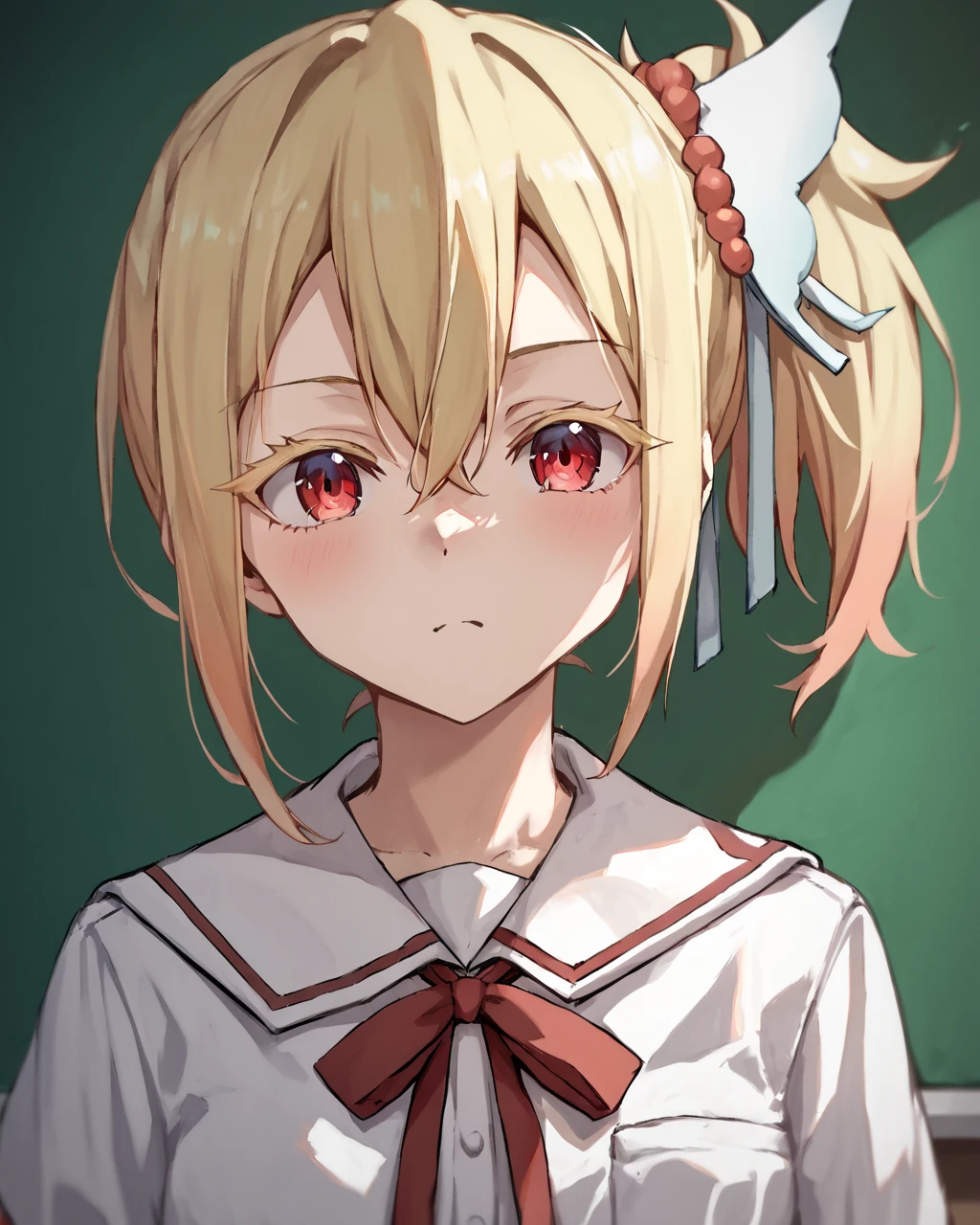 score_9, score_8_up, score_7_up, score_6_up, score_5_up, score_4_up, BREAK source_anime,
<lora:Fuyou_Yuuna_PONY:1>,1girl, solo, blonde hair, side ponytail,hair ornament,red eyes,thick eyelashes, hair between eyes,hair ribbon,school uniform,white shirt, red ribbon, neck ribbon,white ribbon,
