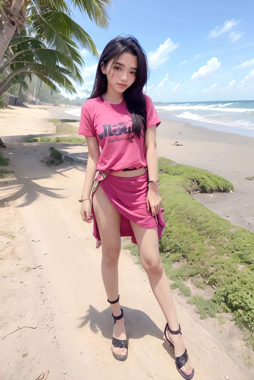 ((masterpiece)), ((best quality)), ((detailed)), ((realistic)), ((nikon RAW photo, 8K, Fujifilm XT3, HDR10+, high-res, depth of field, huge filesize, low-angle shot)), (1girl, solo, standing straight, arms at side, spreading arms), ((((full body:1.5), small breast:1.4, slender body:1.3, body height 163 cm, body weight 48 Kg, realistic body, 18 years old, 34D Cup))), (photorealistic:1.4), photorealism, photography, hyperrealistic, hyperdetailed, lots of details, extremely amazing finely detail, shoot by professional, professional photography, studio lighting, professional tuned lighting, outdoor, beach, sea wave background, perfection, best of the best, professional model, photo model, tuned by professional, lustful woman, arroused, seduced, flirty, seductive, tempt, naughty, cute, virgin, extremely delicate beautiful, a dashing collected professional beauty woman, Woman, Girl, neat, polite, nathania, long hair, pink t-shirt, pink skirt, photo on the beach, pink sandals, bright smile, free pose, beautiful pose, clean clothes, proportional, tucked in, looking at camera, gold necklace, gold small earrings, beautiful smile, beautiful body, perfect body, teen, indonesian, Indonesia, <lora:Javanese_Girl_V2:0.8>