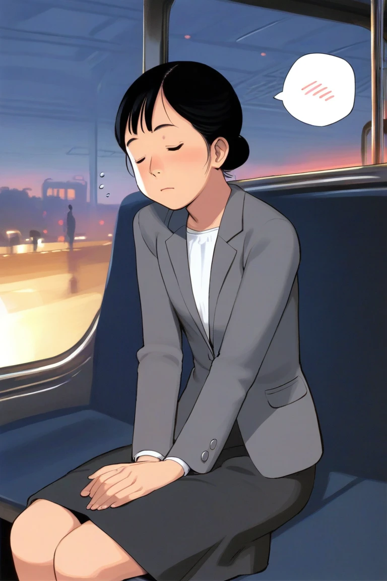 score_9, score_8_up, score_7_up, rating_safe BREAK
1girl, mature, flat chest, single hair bun, dark hair, closed eyes, sleepy, grey blazer, white shirt, formal suit, skirt, sitting, v arms, (spoken zzz:1.2), public train, train interior, city background, sunset