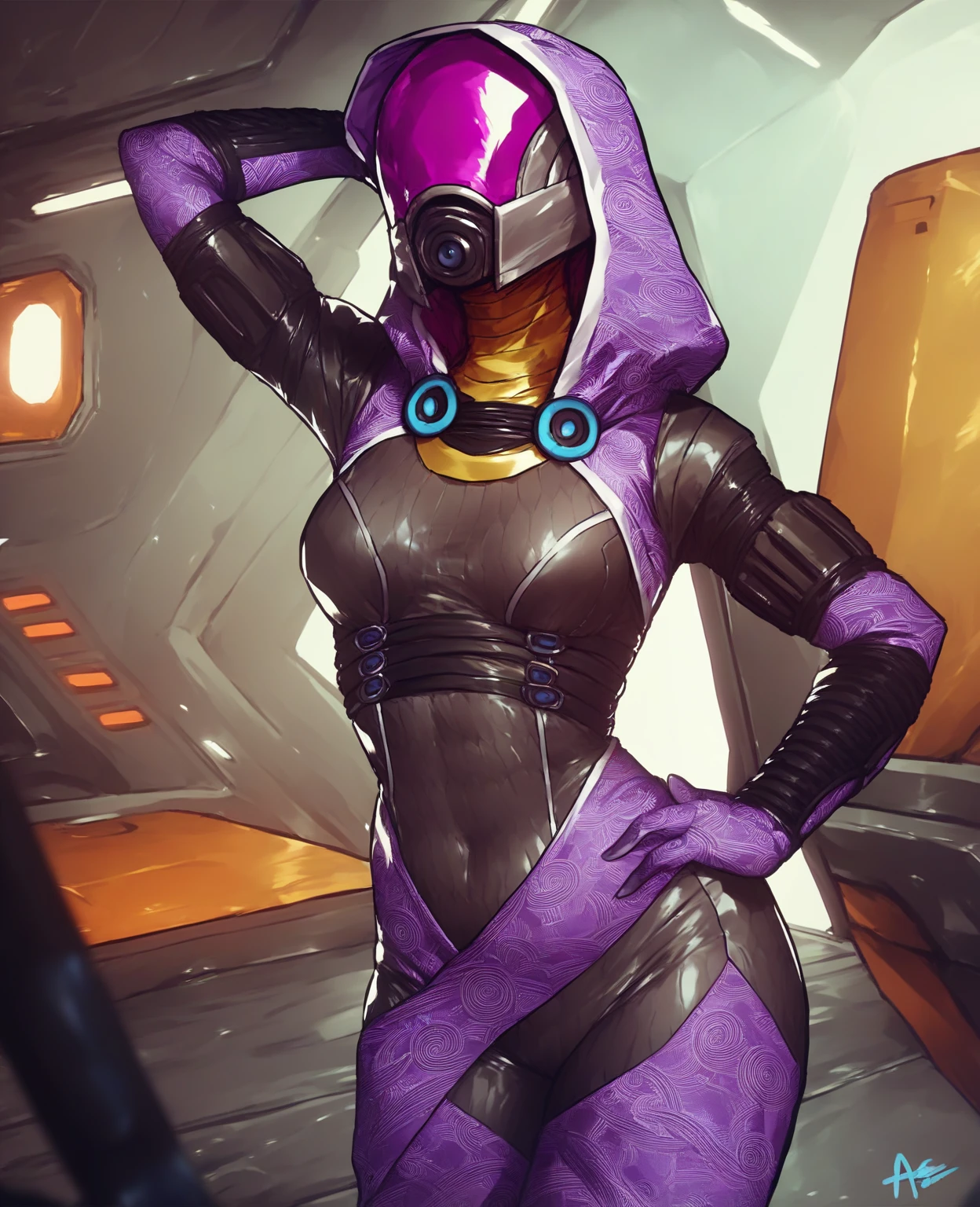 absurdres, highres, ultra detailed, 1quarian, tali, extremely detailed eyes,  hat, jewelry, looking at viewer, tinted eyewear, orange-tinted visor, slender, beautiful hips, nude, breasts, nipple, showing pussy, spread vagina