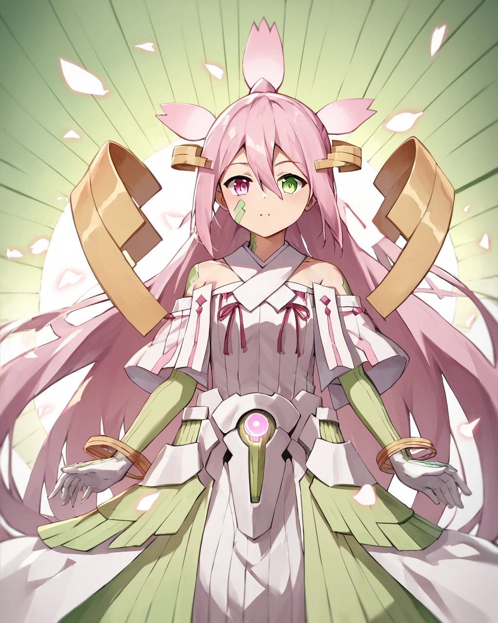 score_9, score_8_up, score_7_up, score_6_up, score_5_up, score_4_up, BREAK source_anime,
<lora:Yuuki_Yuna_Daimankai_PONY:1>,1girl, very long hair, pink hair,green eyes, pink eyes,hair ornament, heterochromia,facial mark,hair between eyes,dress, bare shoulders, white dress,detached sleeves,armor,