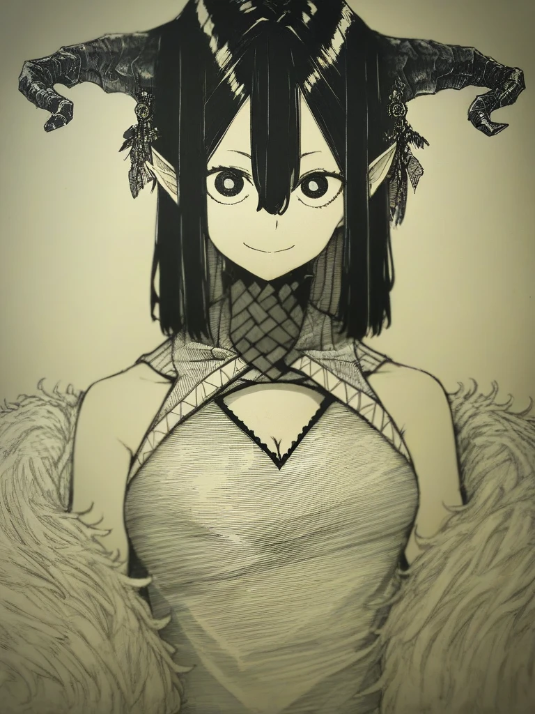 <lora:Epeulu-PonyXL-1024px:1>
score_5_up, 
1girl, horns, solo, breasts, smile, looking at viewer, cleavage, hair between eyes, pointy ears, upper body, dress, bare shoulders, closed mouth, medium breasts, simple background, sleeveless, bangs, horn ornament, cleavage cutout, sanpaku, sleeveless dress, hair ornament, medium hair, long hair, feather boa, clothing cutout, large breasts, halterneck, black hair