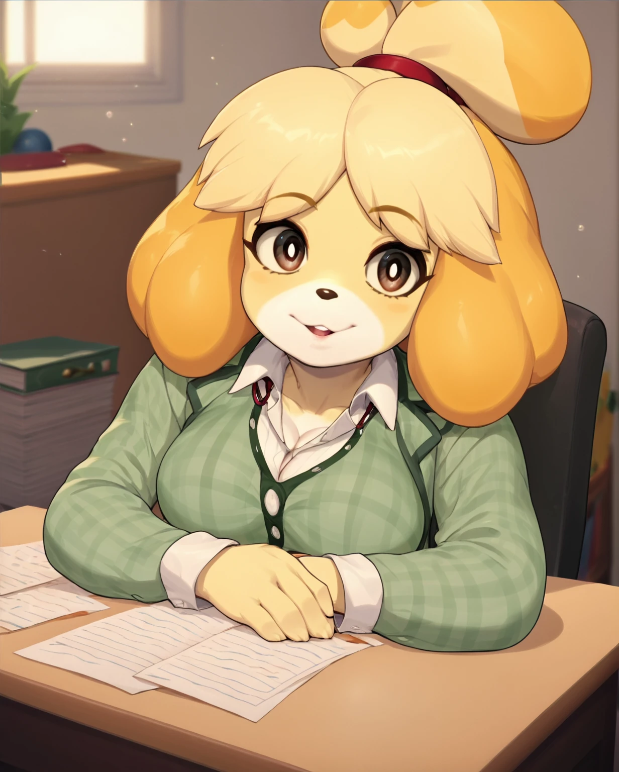 [isaCrossing], [Isabelle; Animal Crossing], [Uploaded to e621.net; (Pixelsketcher), (wamudraws)], ((masterpiece)), ((solo portrait)), ((POV)), ((furry; anthro)), ((detailed fur)), ((detailed shading)), ((beautiful render art)), {anthro; yellow fur, black nose, small brown eyebrows, cute blue eyes, blonde hair, (bells in hair), topknot, fluffy tail, (sweat on forehead), (sweating), (blushing), (nervous smirk)}, {(red ribbon), (green vest), (short white sleeves), (short green pencil skirt)}, {(on floor), (on knees), (handjob), (holding viewer's penis), (looking up at viewer)}, [background; (office), (window), (sun rays)]