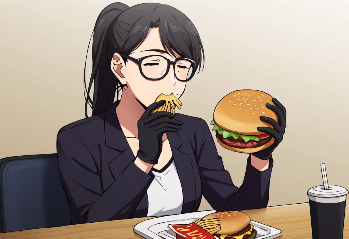 <lora:Hizuru:1> Hizuru, 1girl, eating, burger, mole under mouth, solo, glasses, mole, ponytail, black hair, gloves
