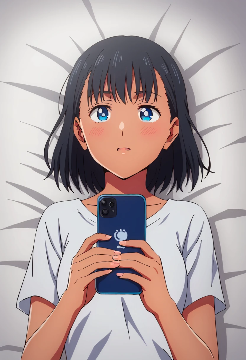 <lora:mio:1> mio, 1girl, on back, phone, solo, cellphone, black hair, blue eyes