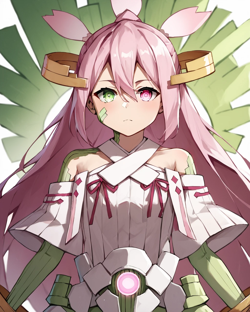 score_9, score_8_up, score_7_up, score_6_up, score_5_up, score_4_up, BREAK source_anime,
<lora:Yuuki_Yuna_Daimankai_PONY:1>,1girl, very long hair, pink hair,green eyes, pink eyes,hair ornament, heterochromia,facial mark,hair between eyes,dress, bare shoulders, white dress,detached sleeves,armor,